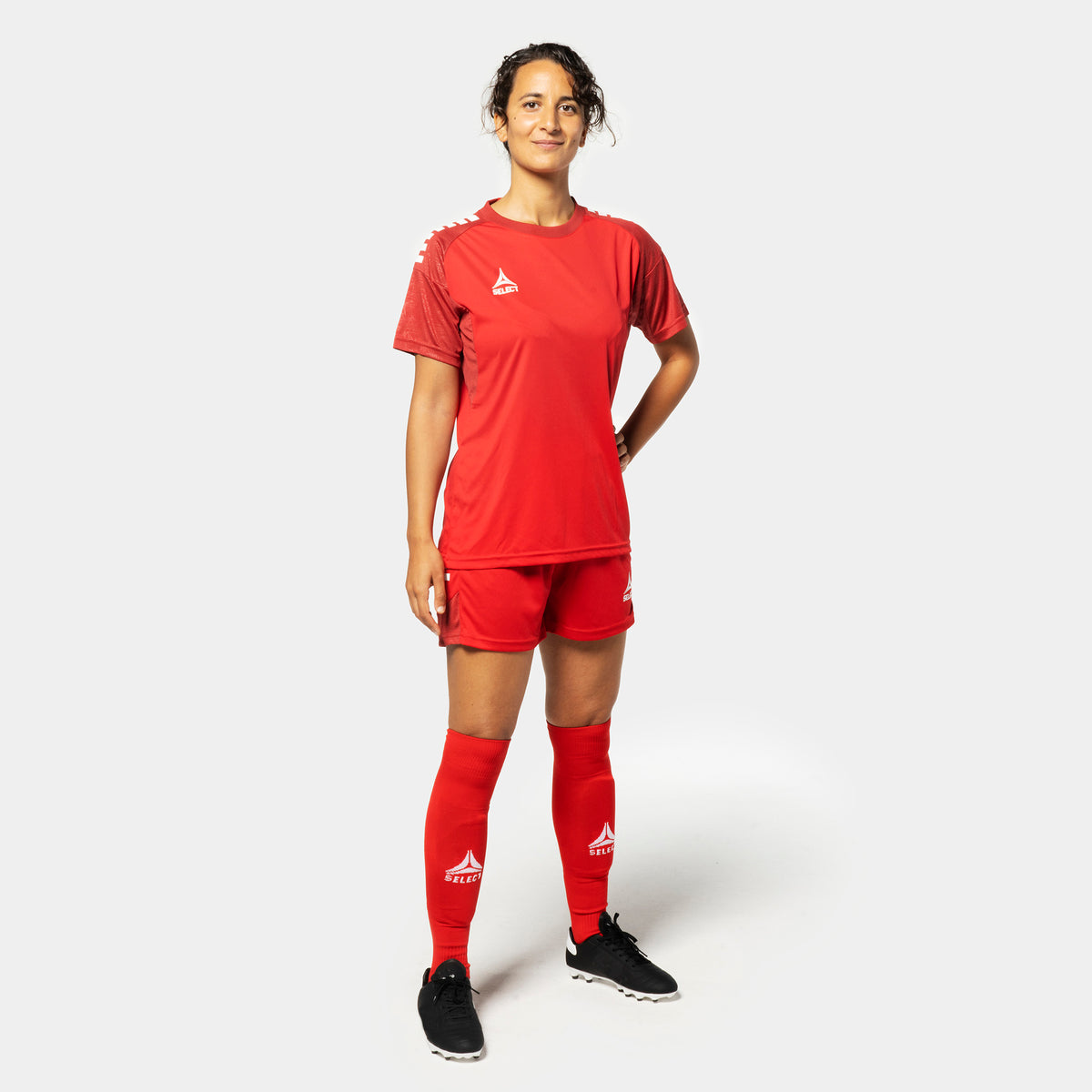 Woman football player in red Player shirt S/S & shorts Spain woman v25, Match & Training wear, front view