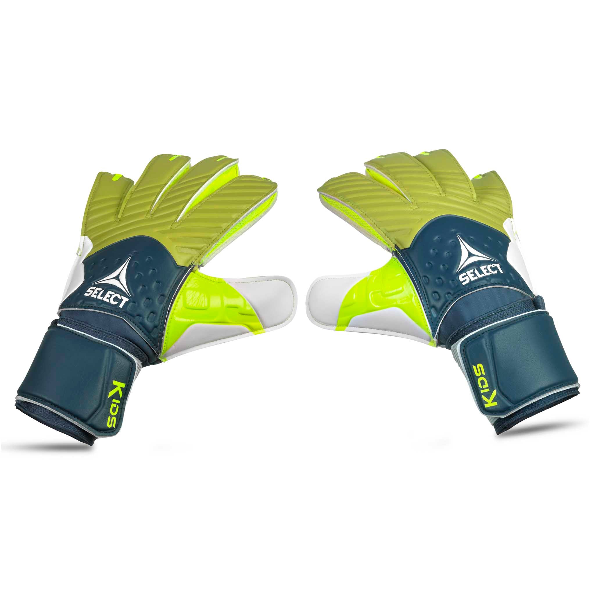 Front view of GK gloves 03 Kids v26 goalkeeper football gloves in green, navy blue and white.