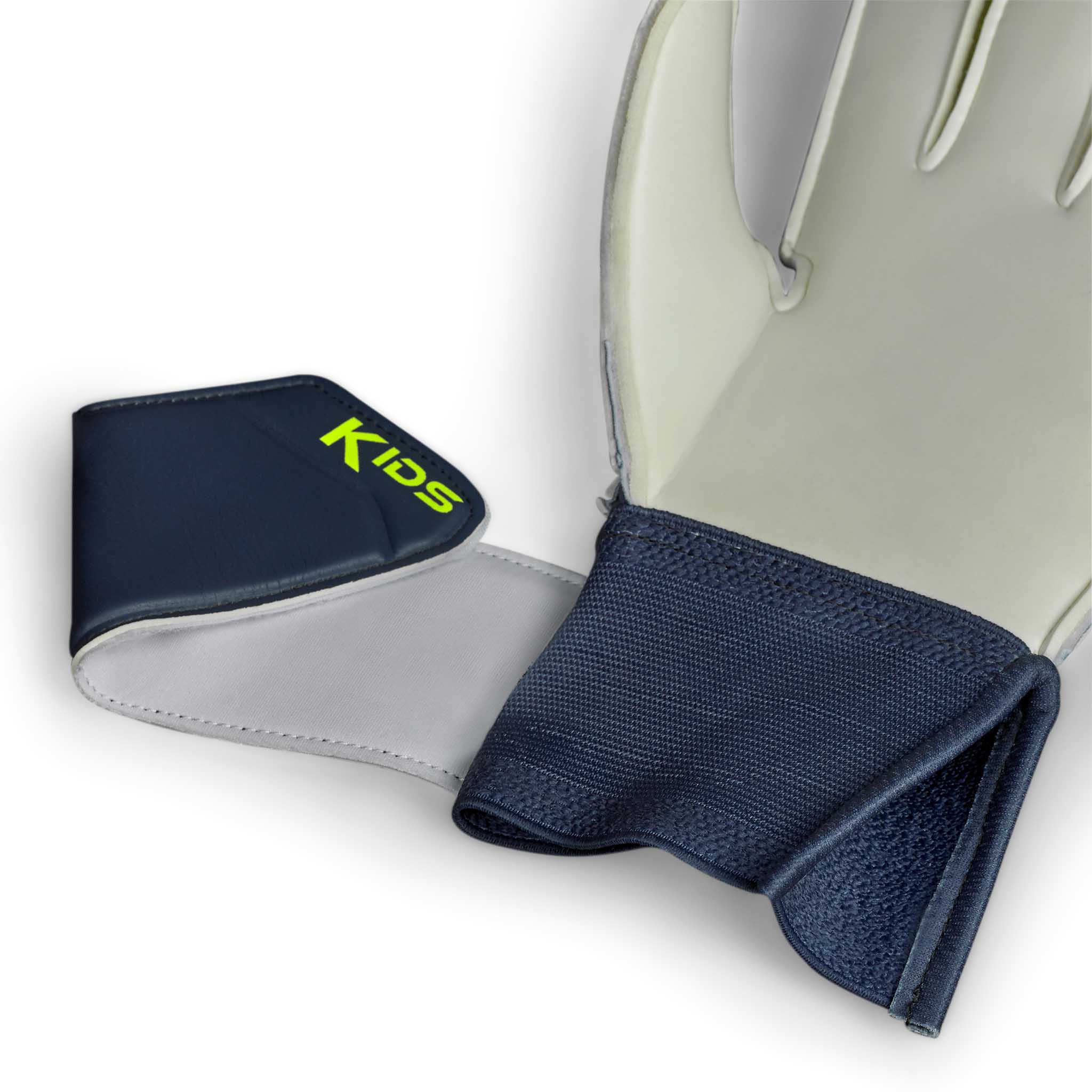 Closeup of GK gloves 03 Kids v26 goalkeeper gloves, showing navy wrist strap with yellow logo and grey palm.