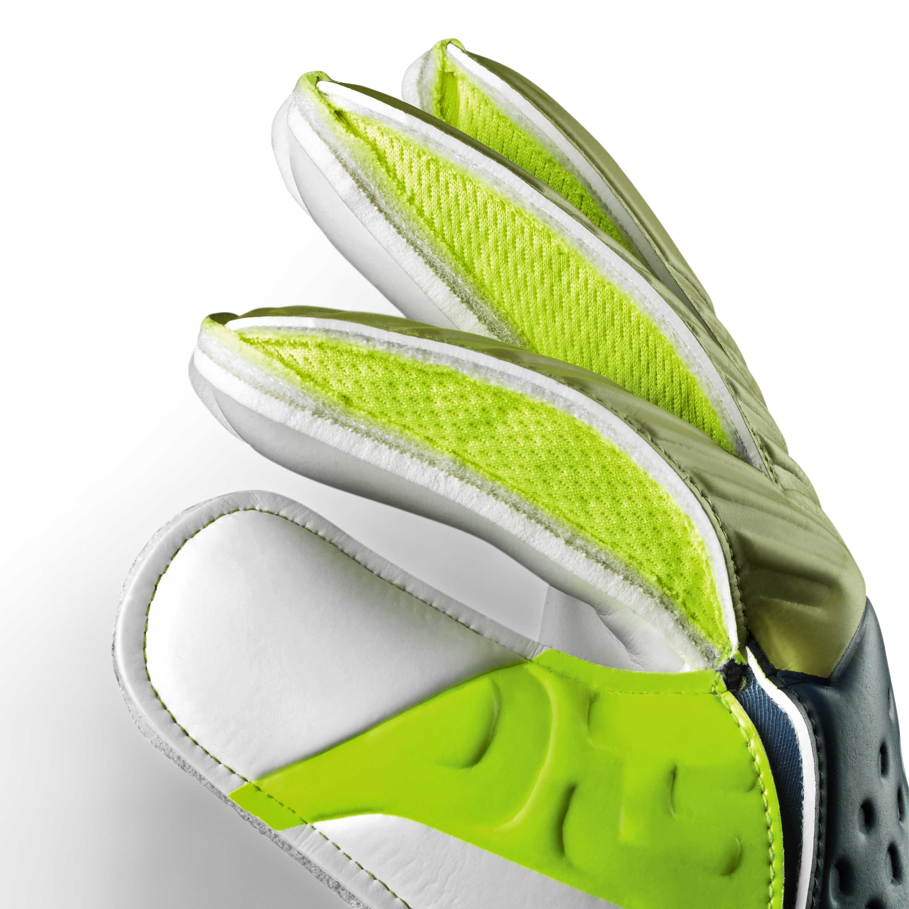 Close-up of GK gloves 03 Kids v26 goalkeeper gloves, right side, in white, neon green and dark blue.