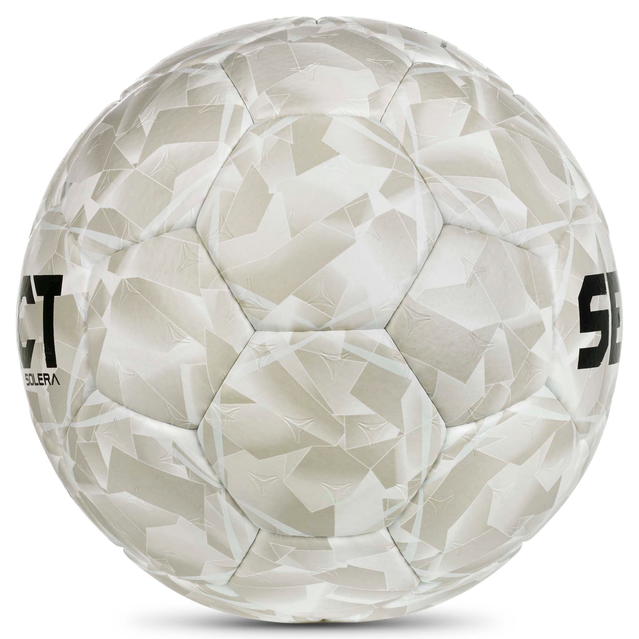 White Solera v26 handball with grey geometric pattern, right-side view