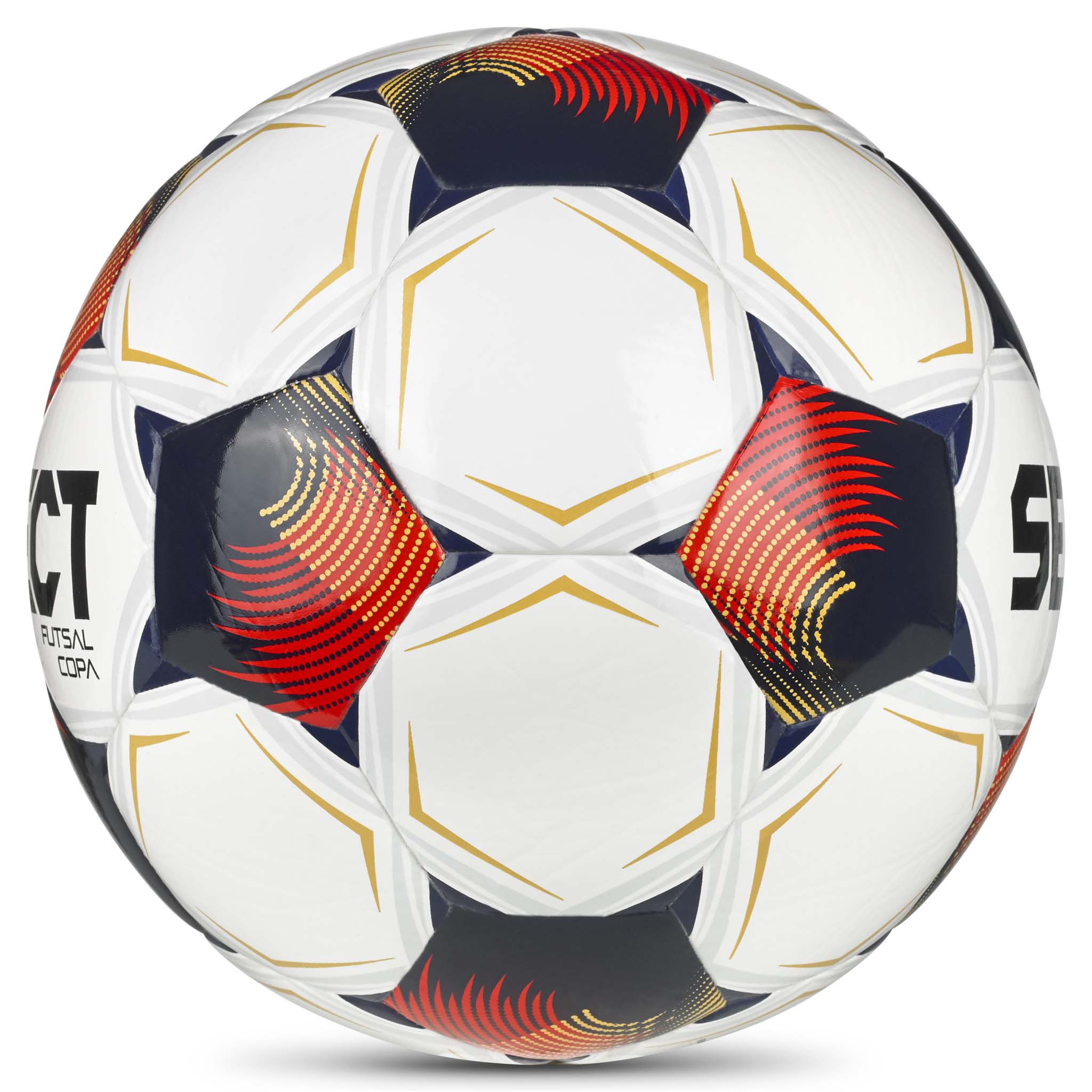 Futsal Copa v26 football, right-side view. White ball with navy, red and gold accents.