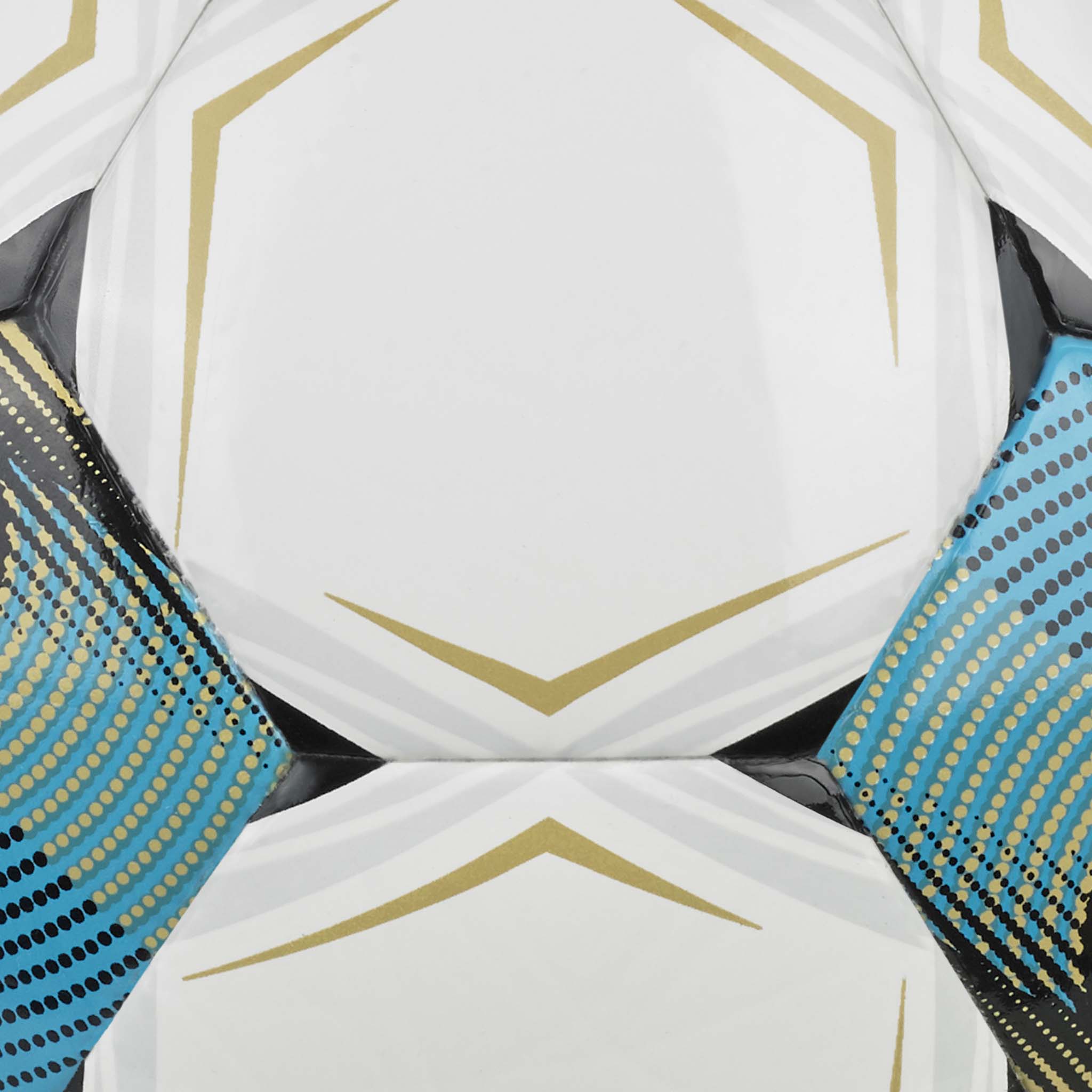 Closeup of Futsal Attack v26 football showing white panels with gold accents and turquoise textured details.