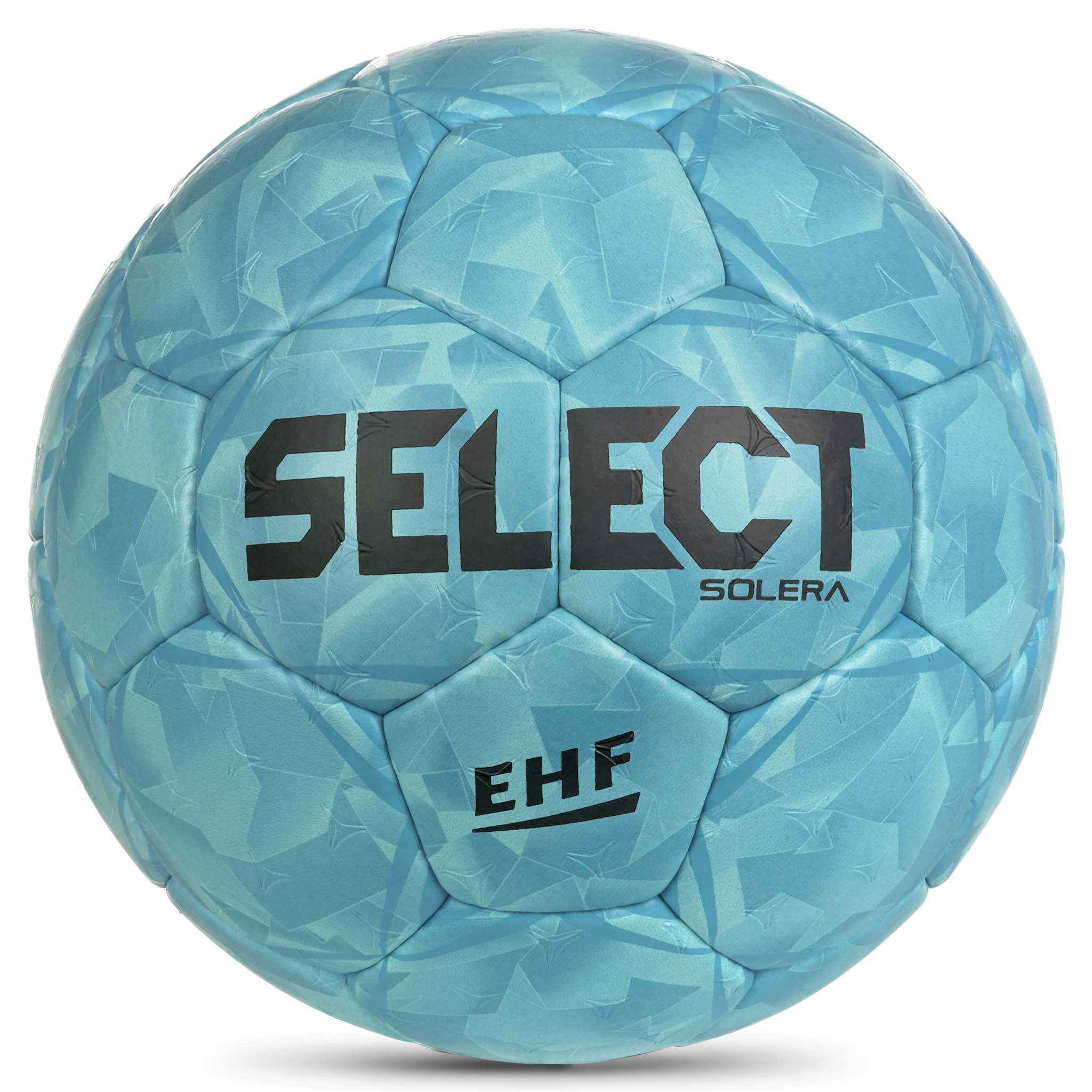 Front page of blue Solera v26 handball with black logo, EHF mark and textured panel design