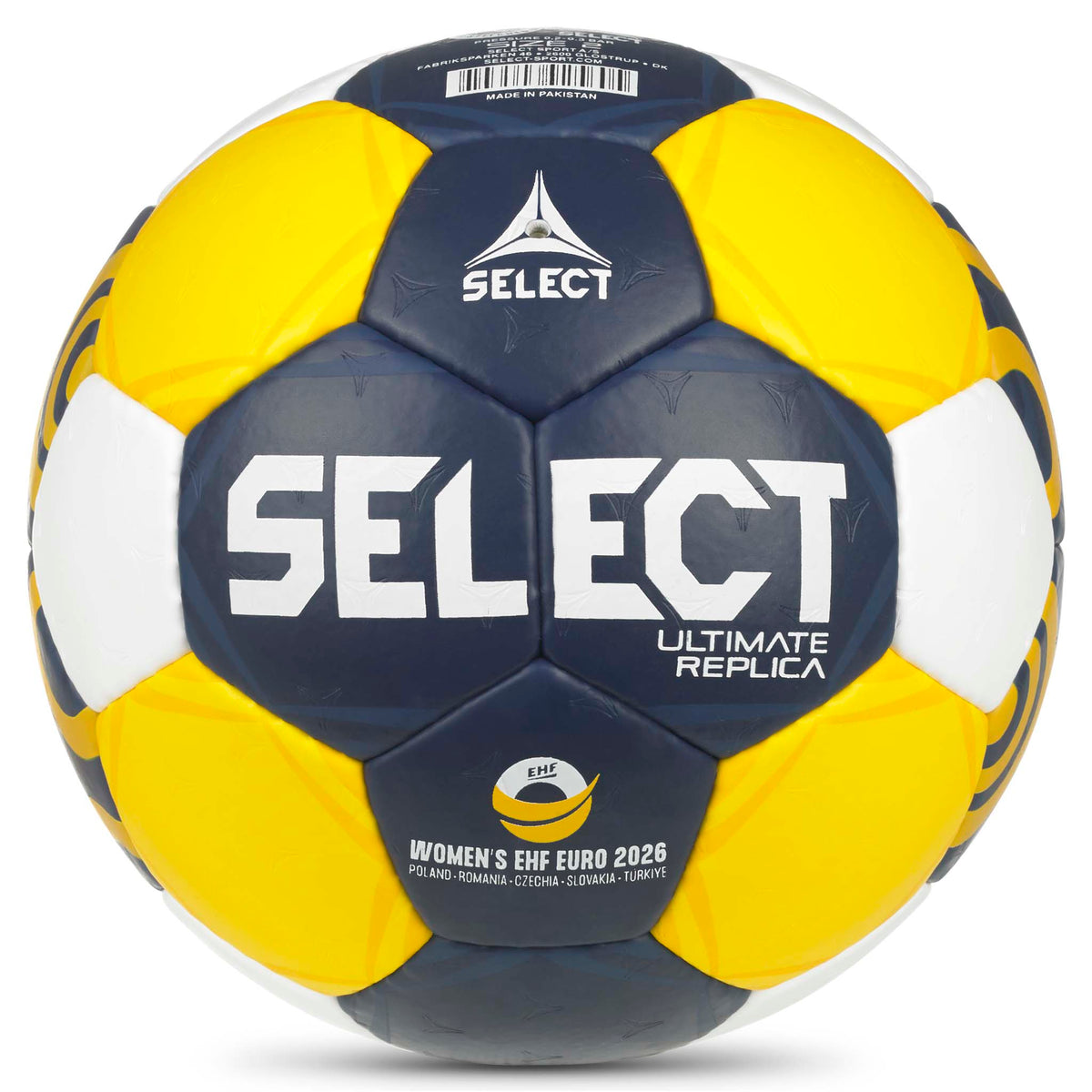 Replica EHF Euro Women v26 handball, front page, in yellow, navy blue and white.
