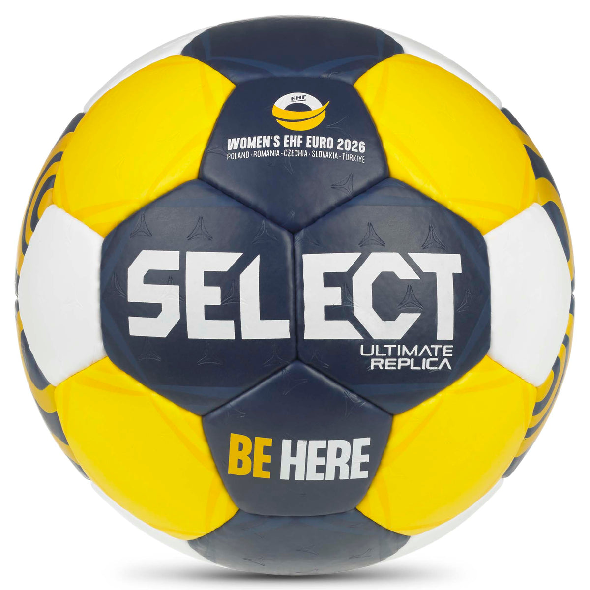Replica EHF Euro Women v26 handball, front page, in navy, yellow and white.