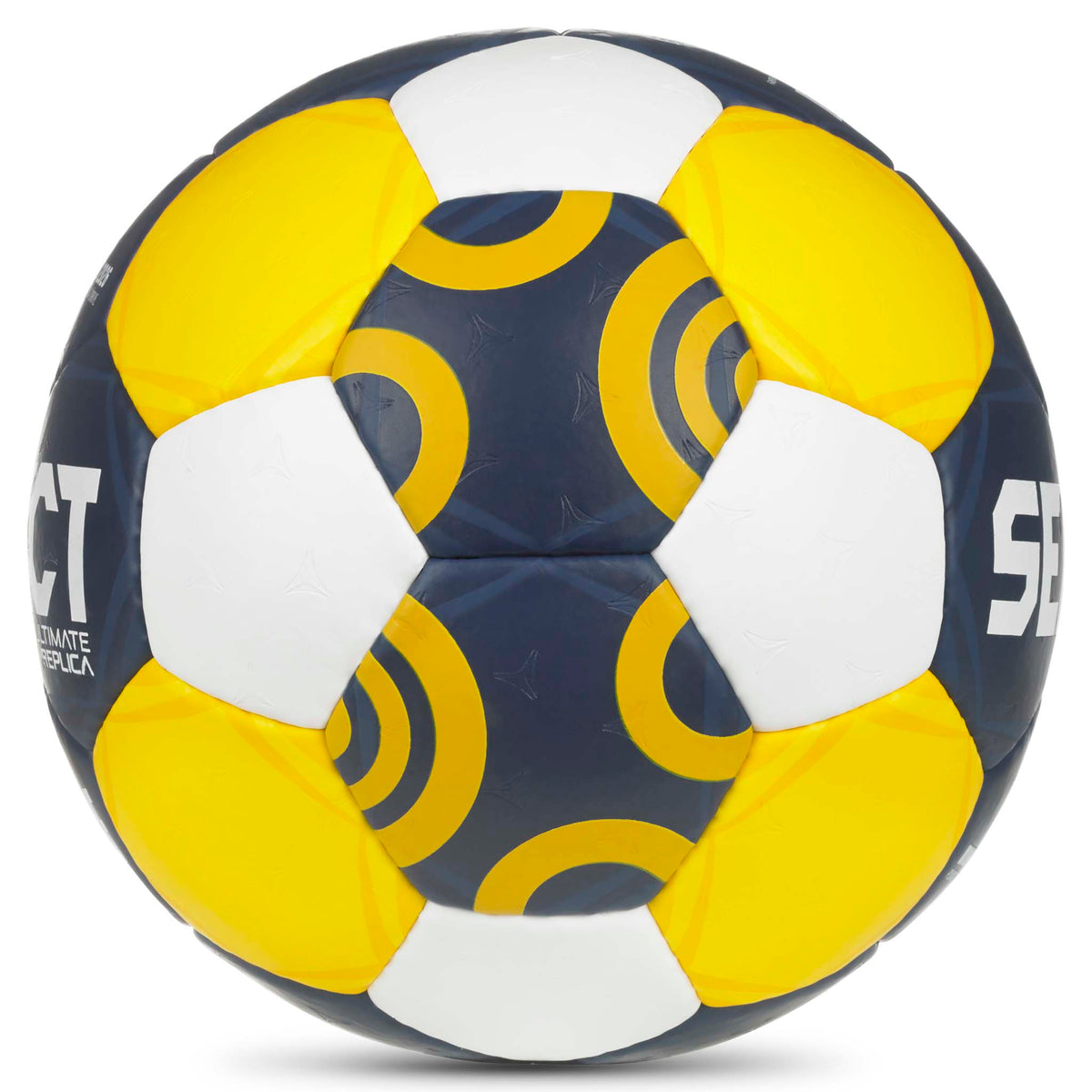 Replica EHF Euro Women v26 handball in navy, yellow and white, right-side view