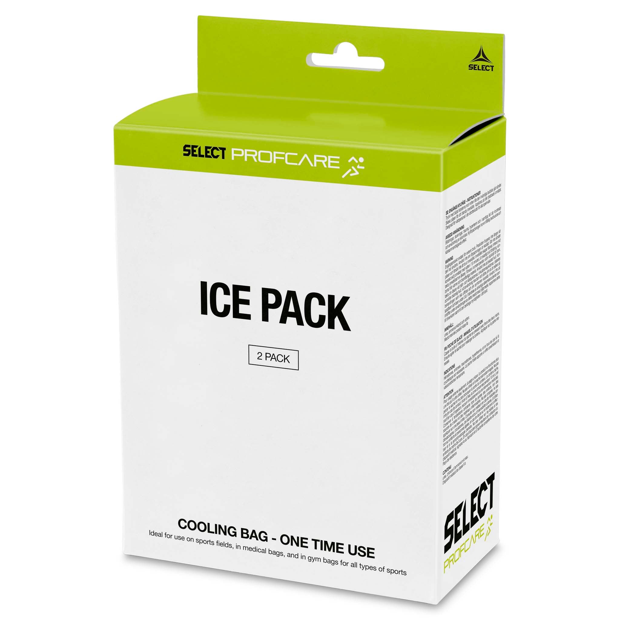 Ice pack 2-pack, Sports care. Front page of white box with green top, cooling bag for one-time use.