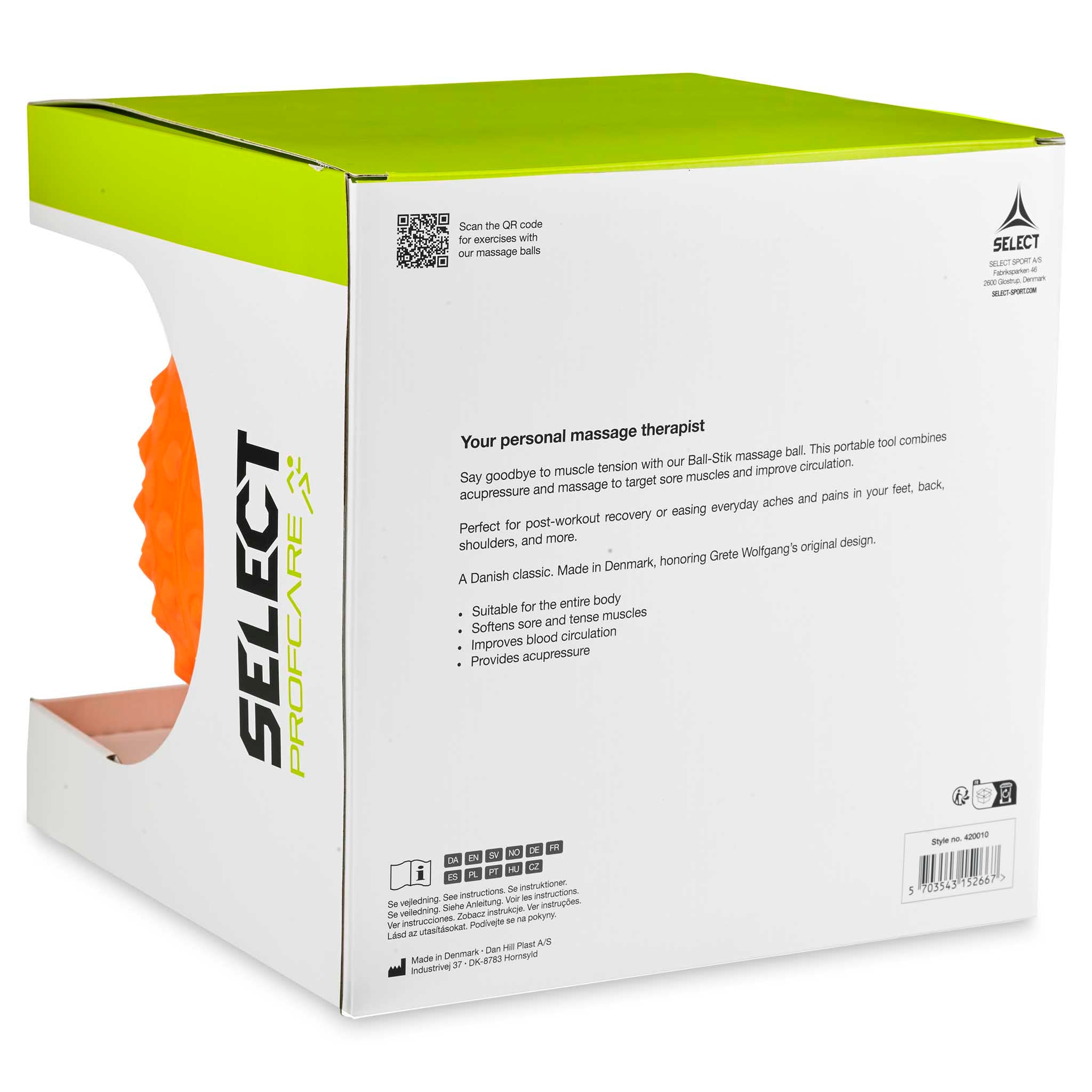 Front page of Ball-Stik massage balls packaging in orange, white and green with black text.