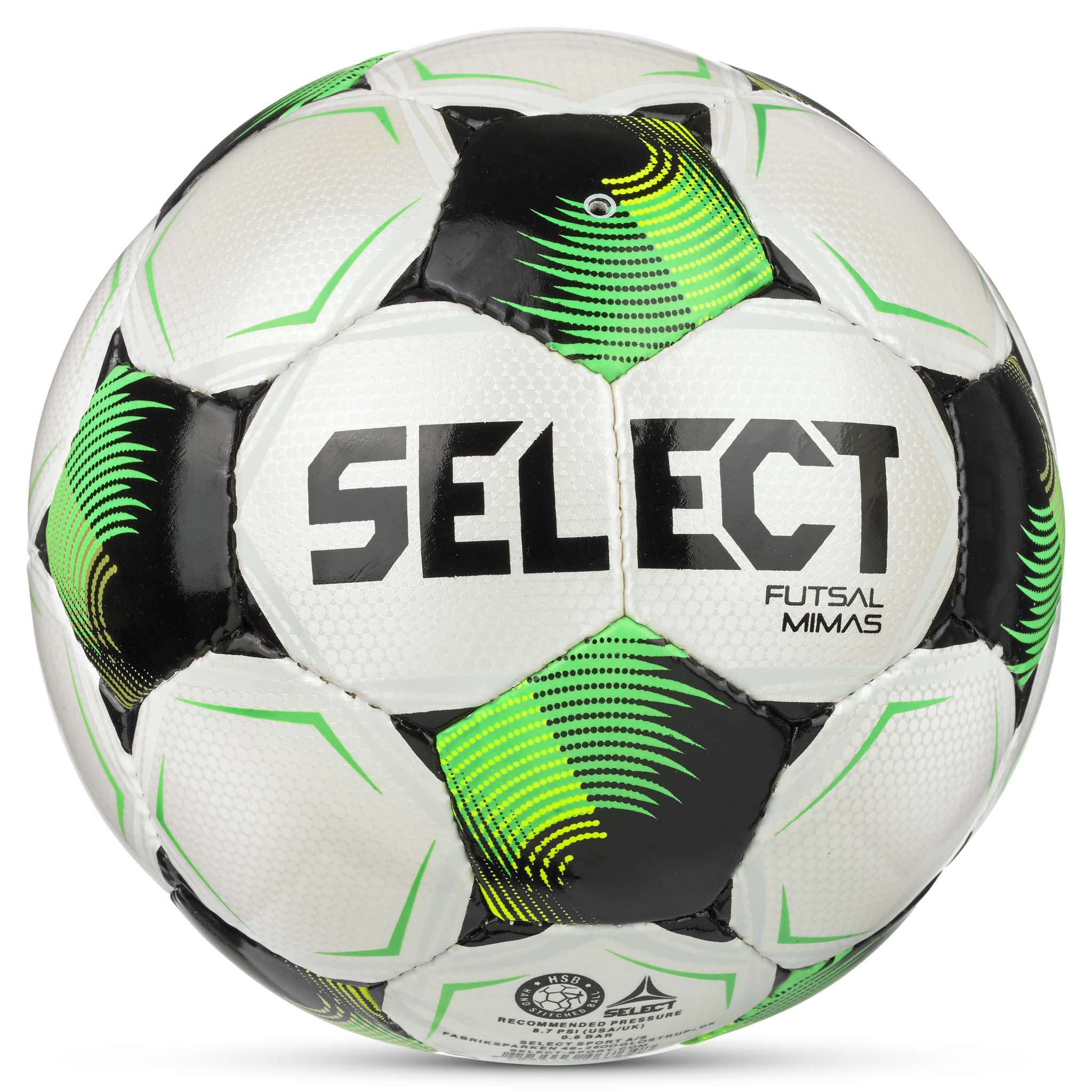 Futsal Mimas v26 futsal ball, back page. White with green and black panels.