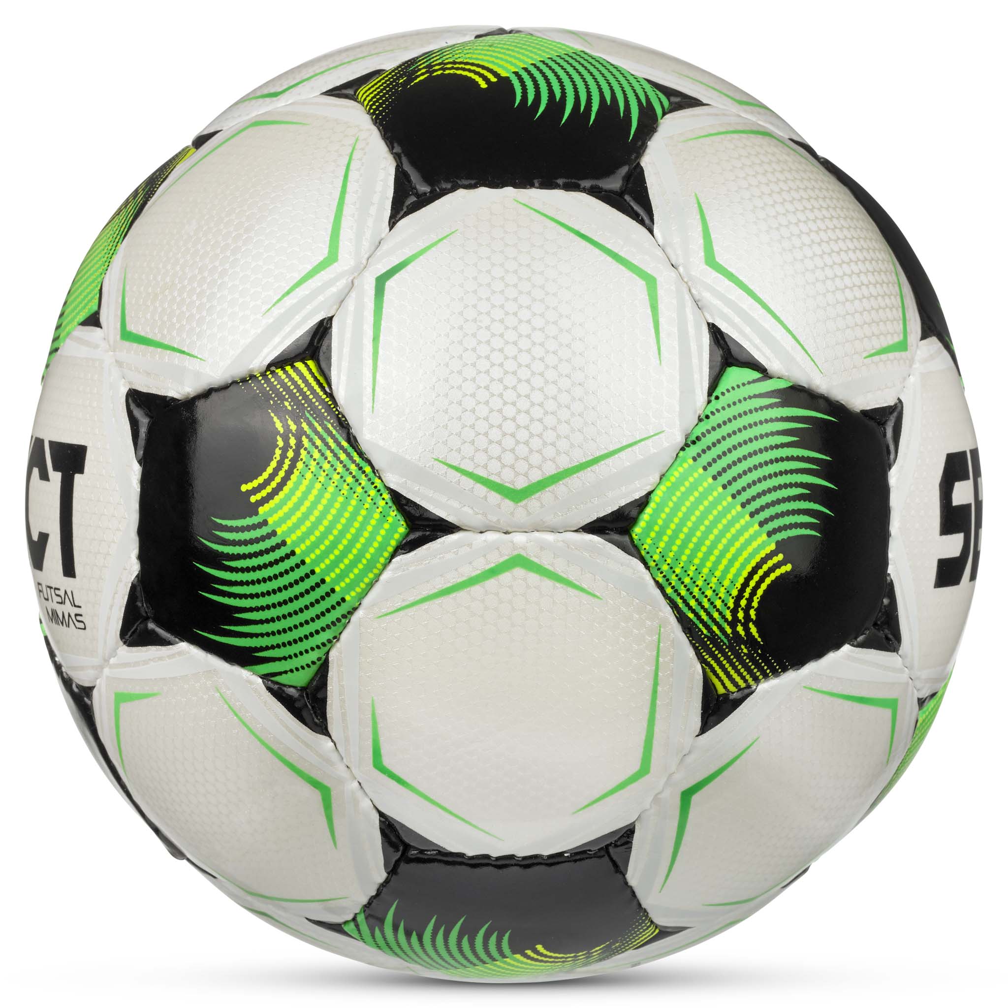 Futsal Mimas v26 futsal ball, right side view, white with green, black and yellow accents.