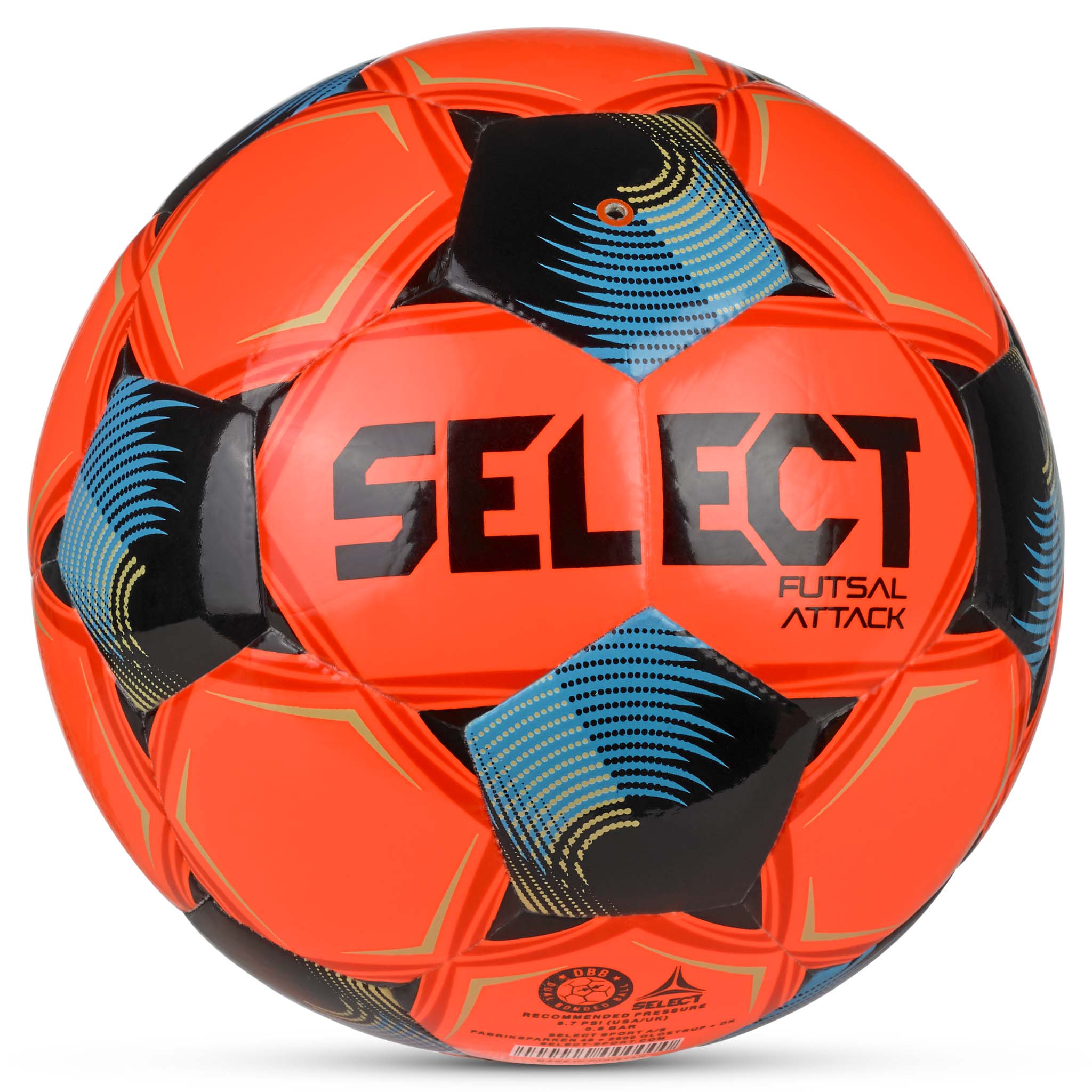 Futsal Attack v26 futsal ball, back page, in orange with blue and black panel details.