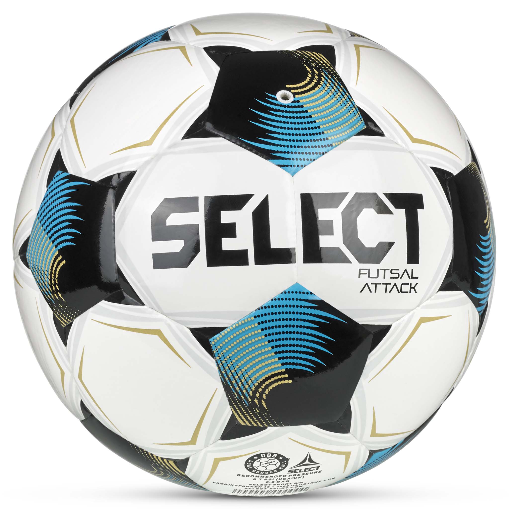 Futsal Attack v26 football, back page. White ball with blue, black and gold details.