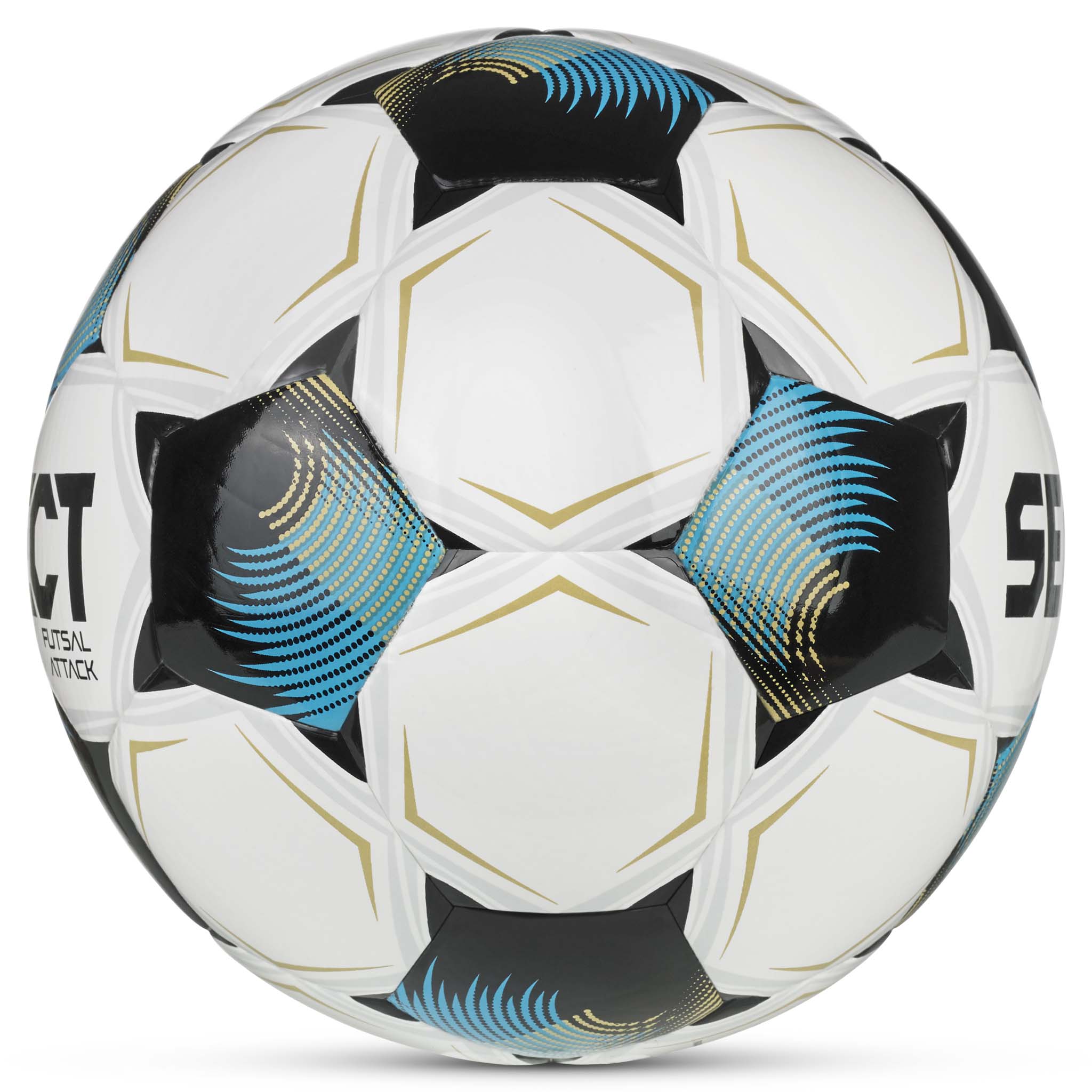 Futsal Attack v26 futsal football in white, blue, black and gold, right-side view.