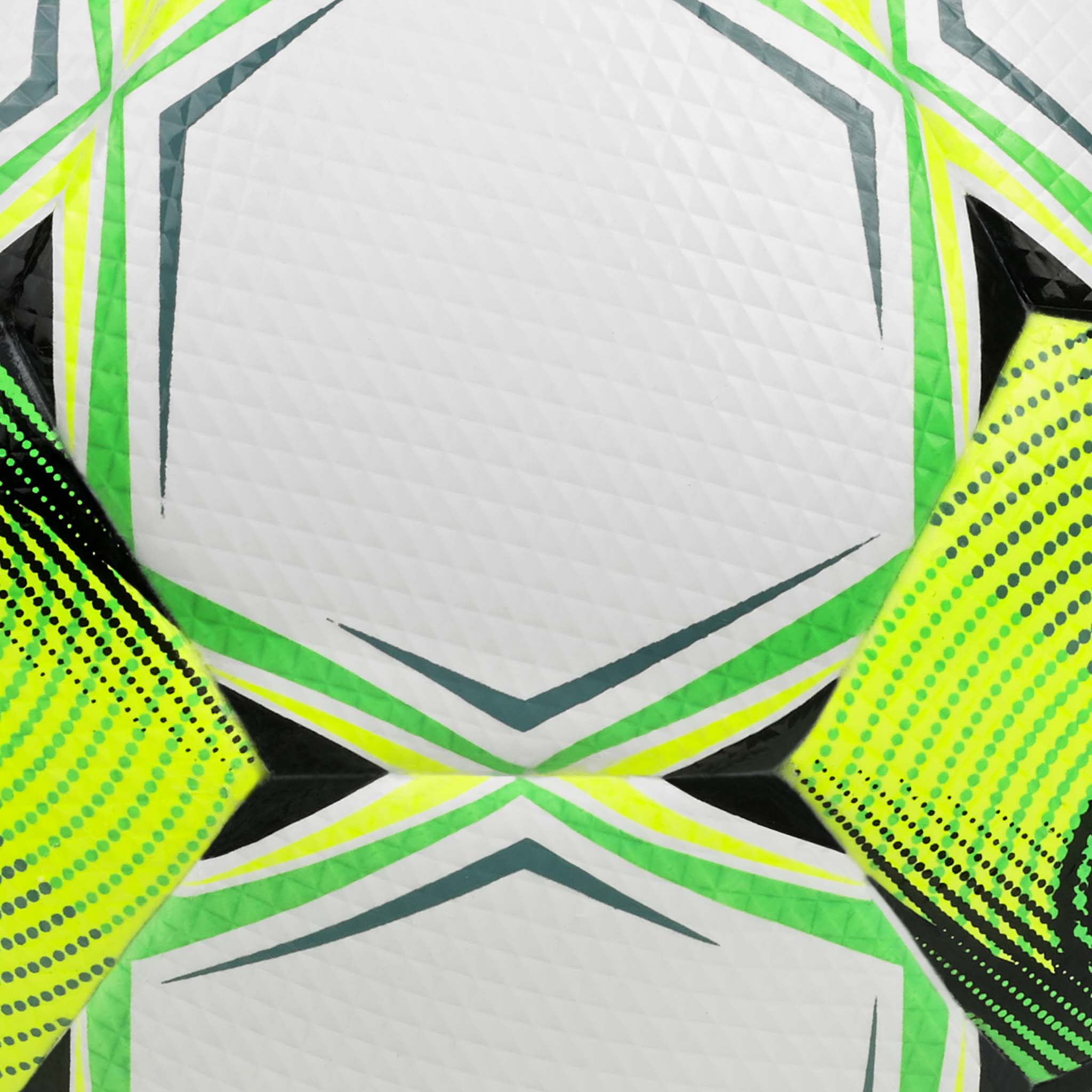Closeup of Brillant Super UZ 3F Superliga v26 football, showing white textured panels with green, black and gray details.