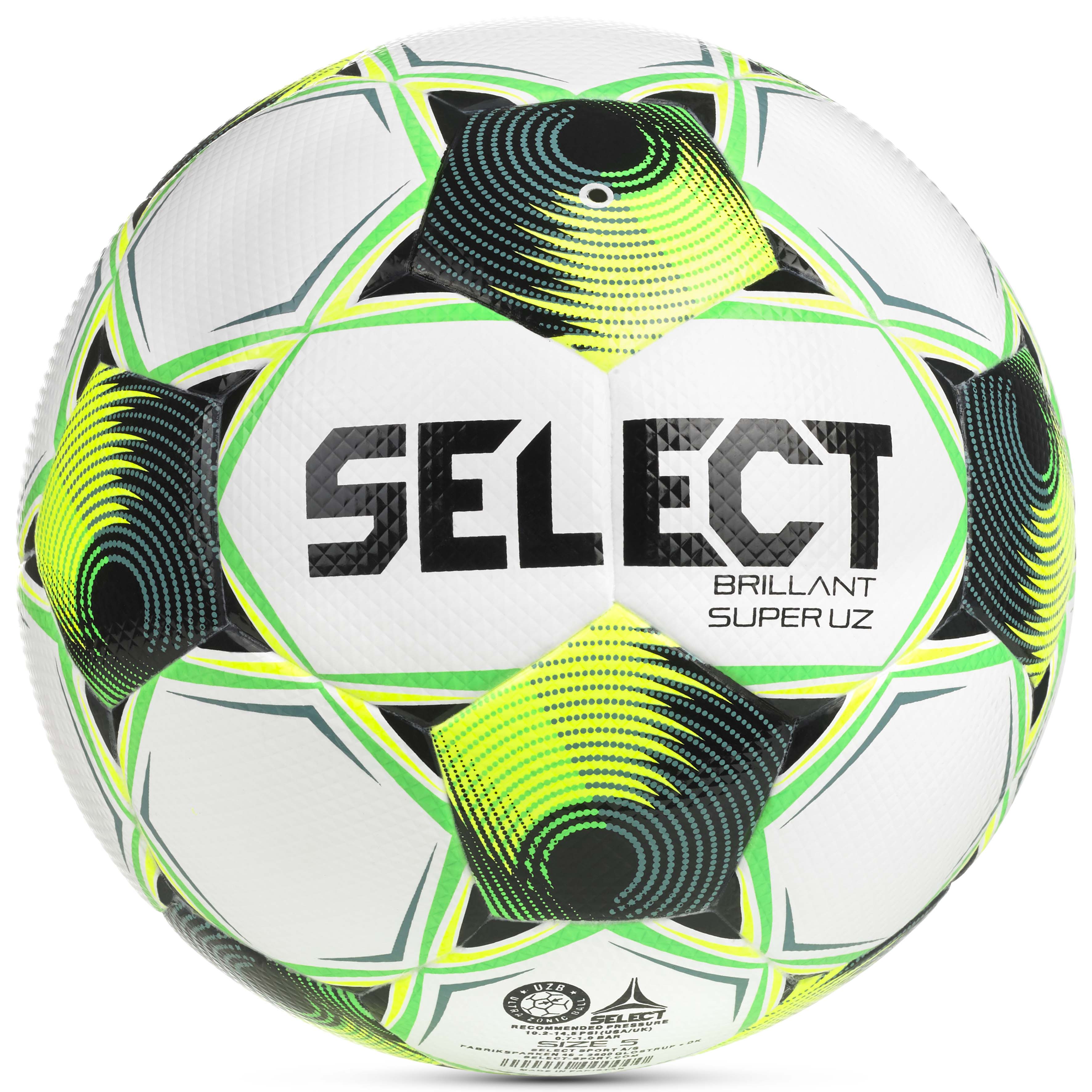 Back page of Brillant Super UZ 3F Superliga v26 football in white, green and black.