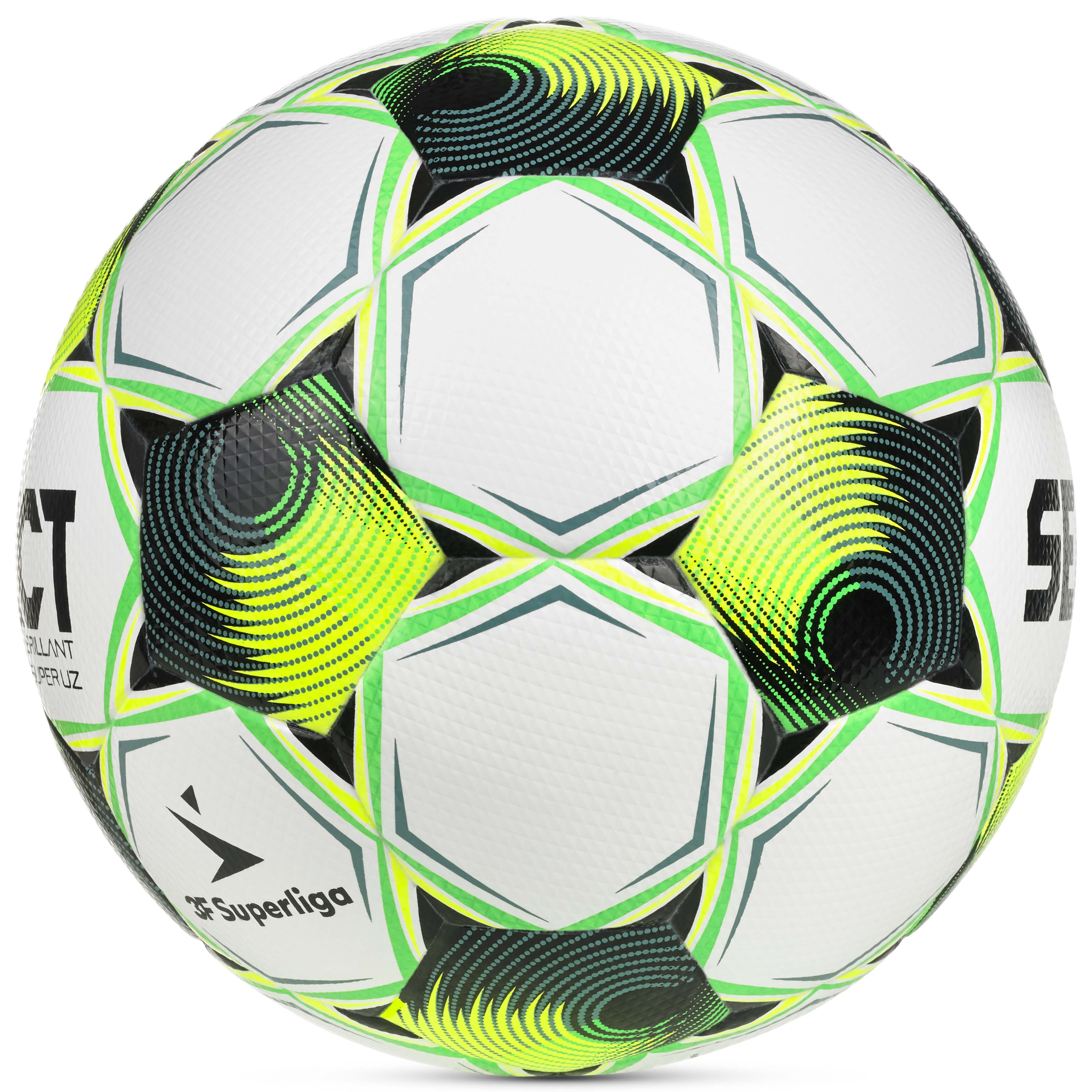 Brillant Super UZ 3F Superliga v26 football in white with green, yellow and black design, right-side view