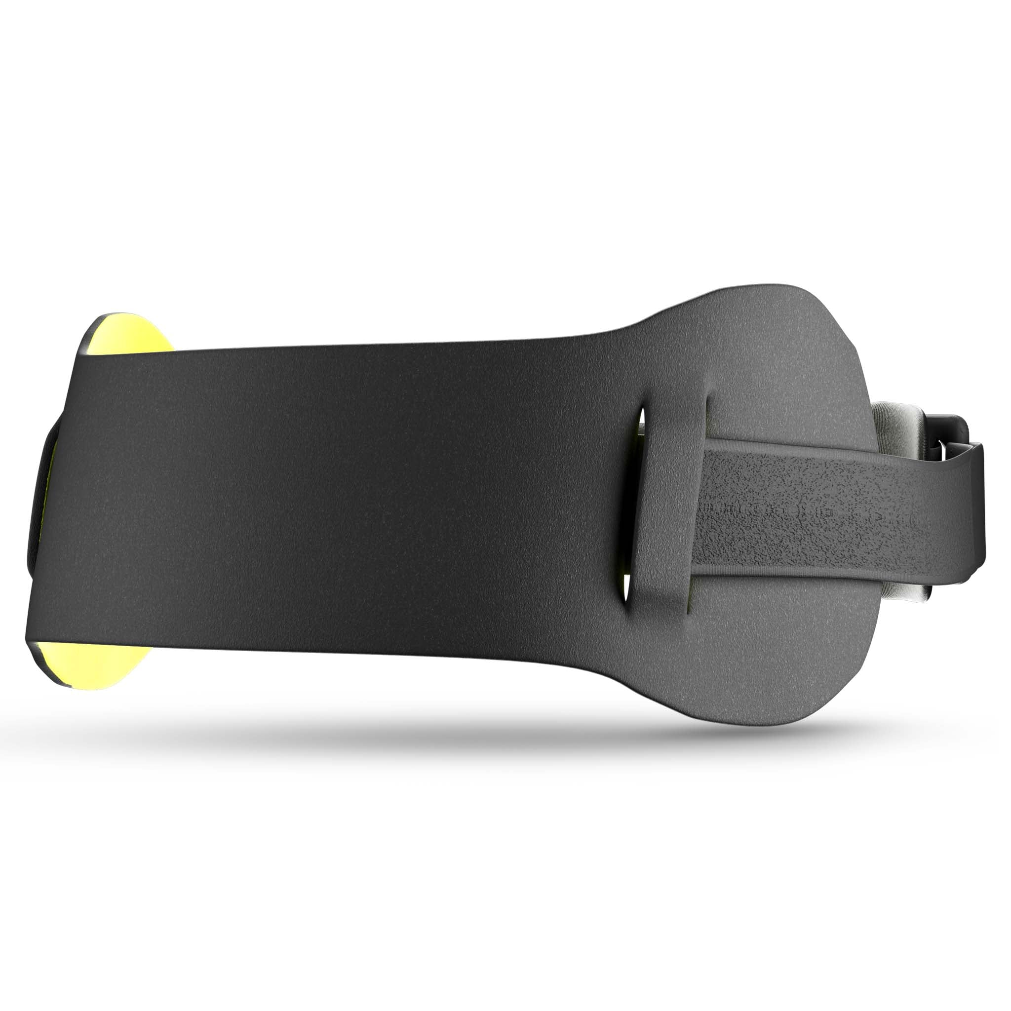 Black Knee strap with yellow accents, sports support, back page view.