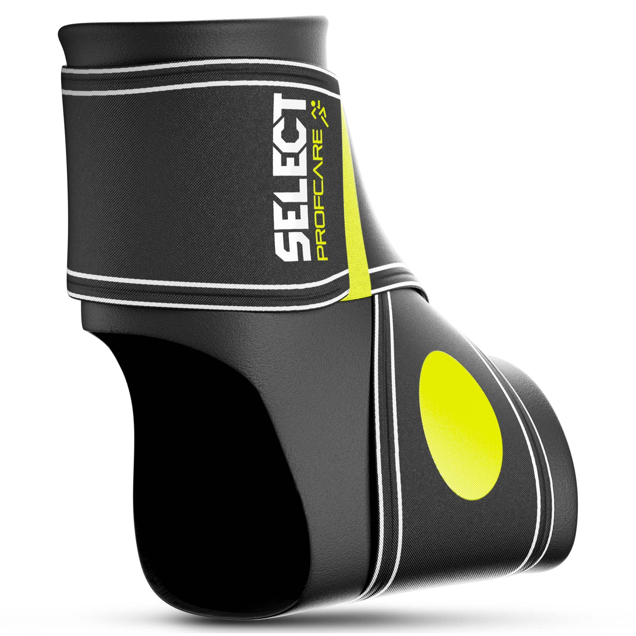 Black Ankle support 2-parts sports support with yellow accents, back page view.