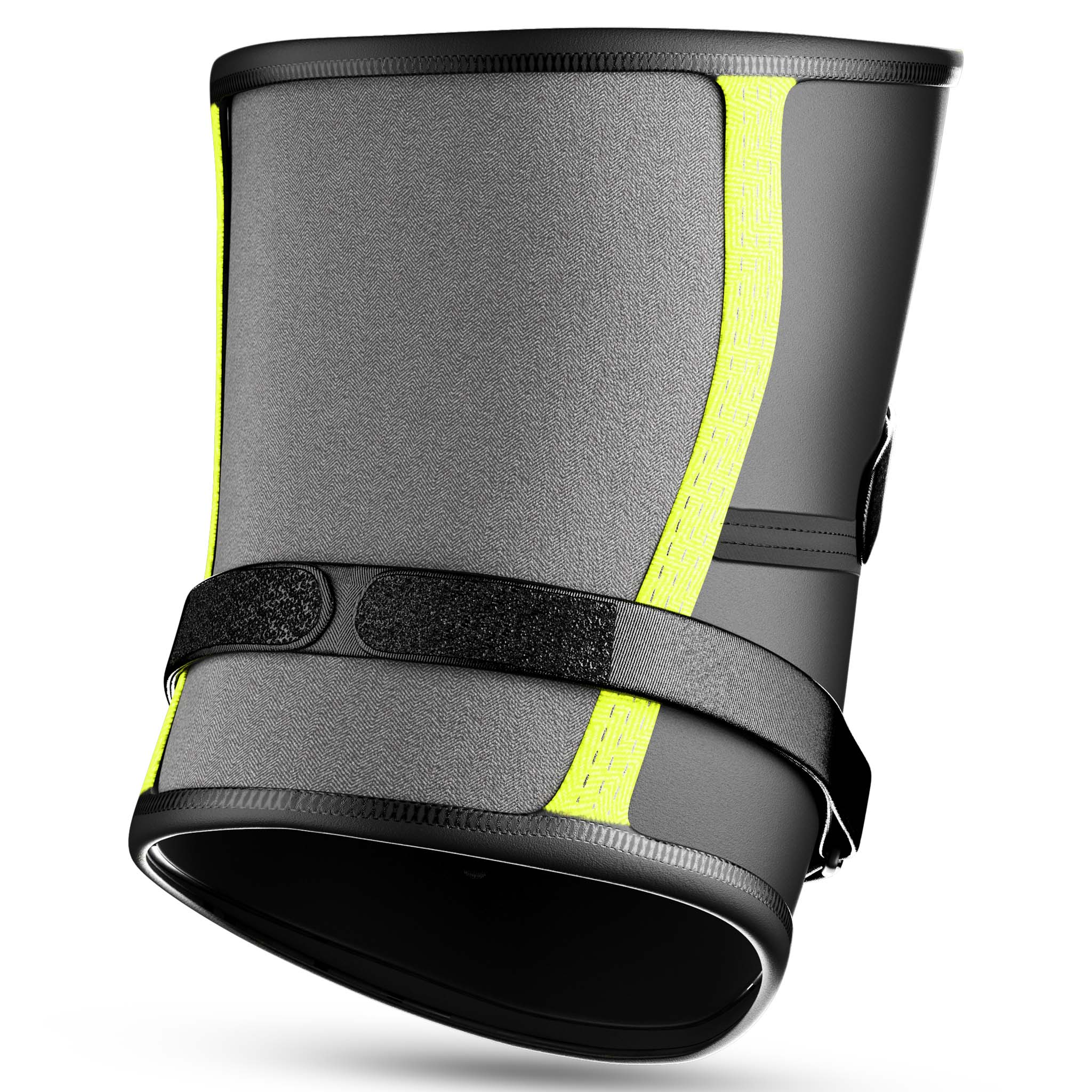Back view of gray Knee support Stabilizer 6207 sports support with yellow stripes and black adjustable strap