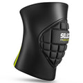 Front view of black Select compression knee support for handball with padded protection and green accents.