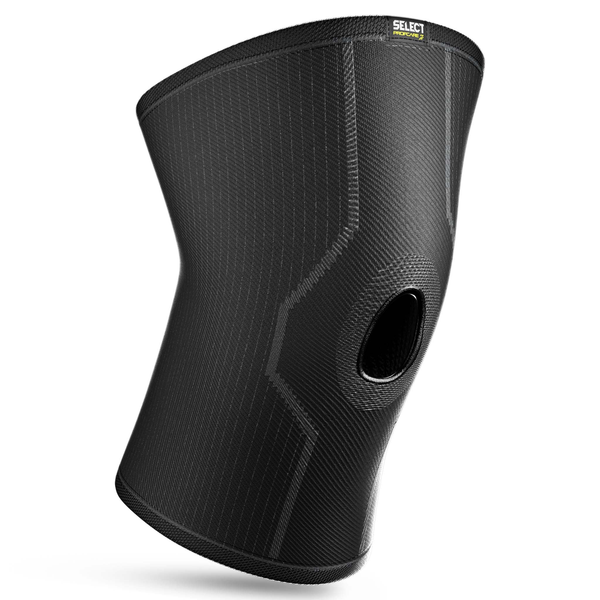 Black Knee support w/hole, sports support, front page view with open kneecap design.