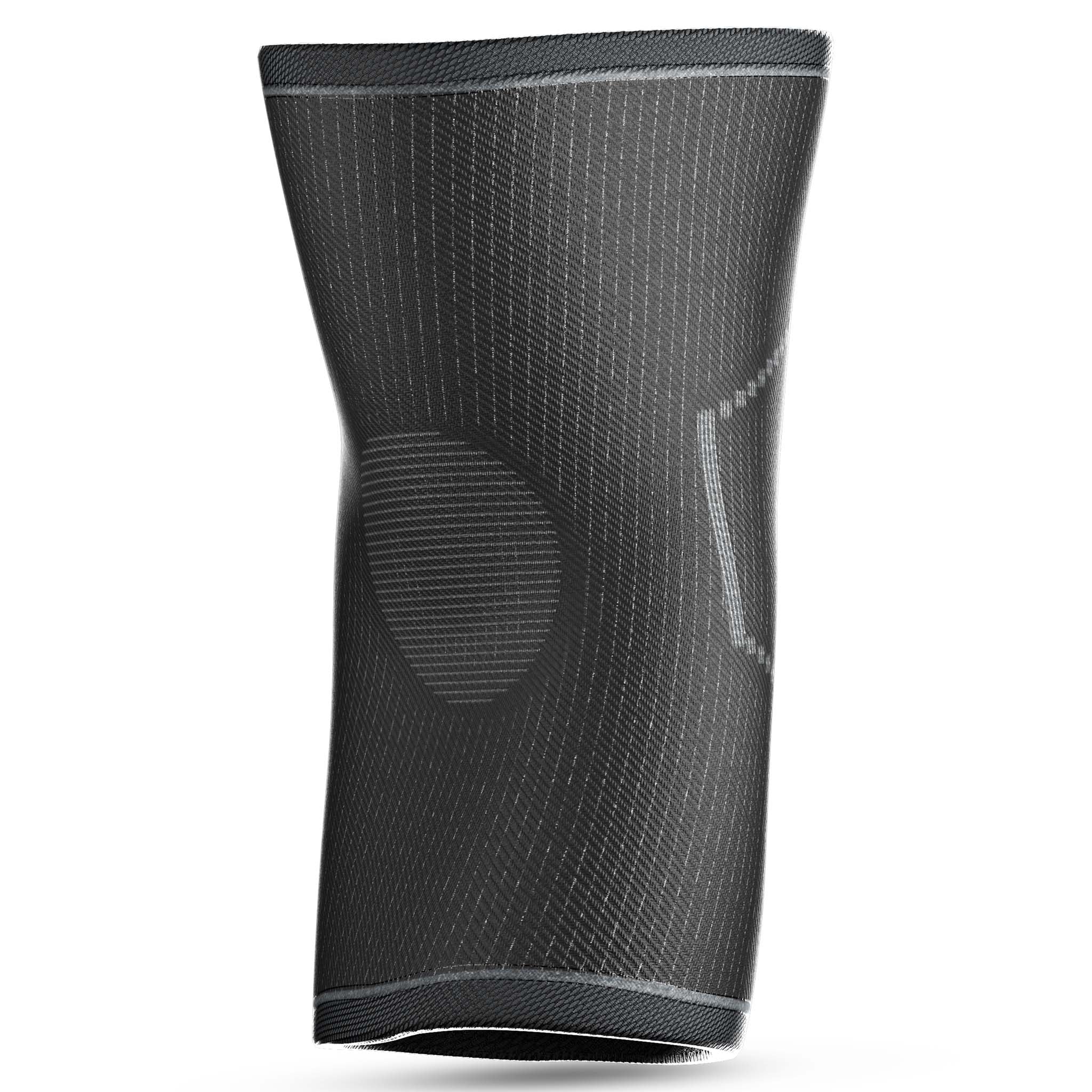 Black elastic Elbow support, sports support, back page view with grey ribbed detailing.