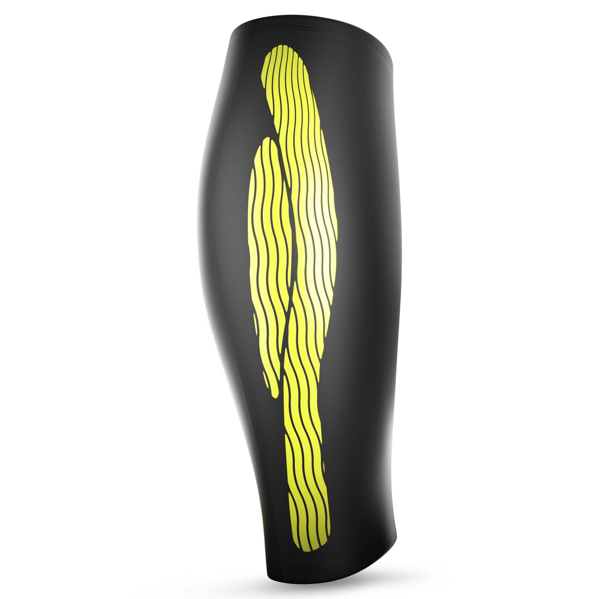 Black Compression Calf 6150 sports support, back page, with yellow kinesiological wave pattern