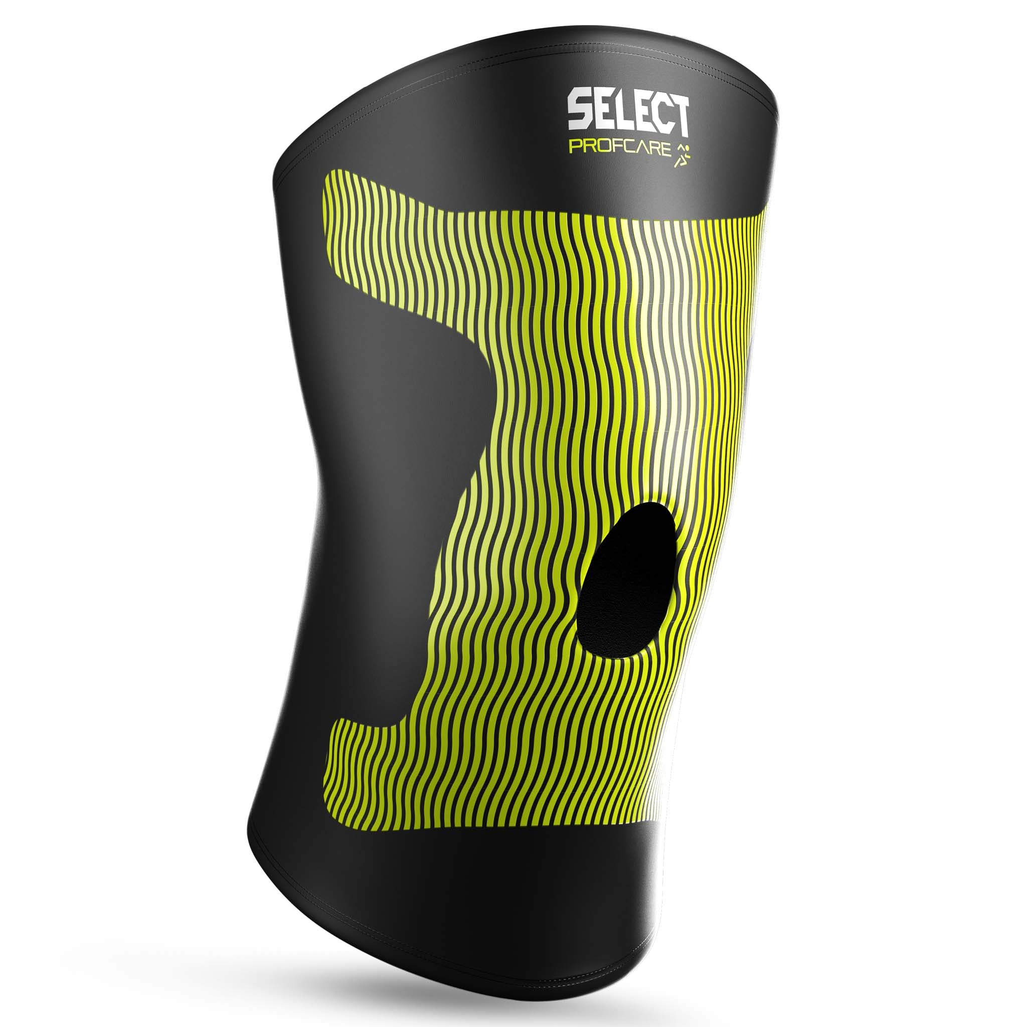 Front page of black and green Compression knee support 6252, a sports support with patella opening