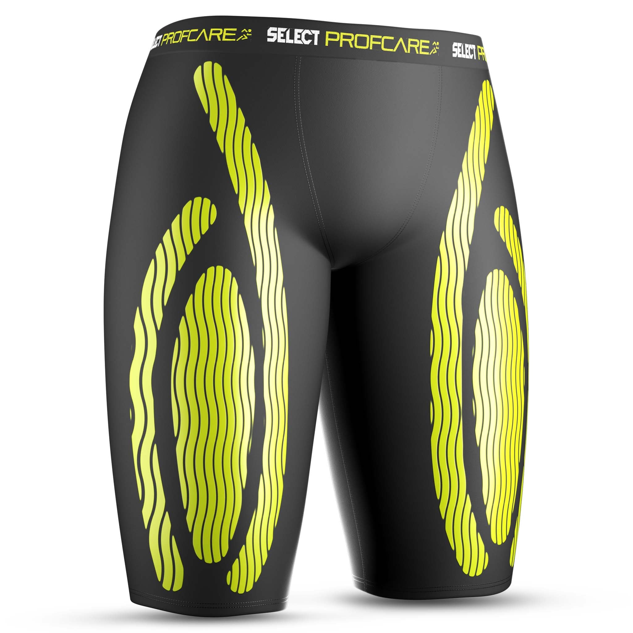 Black Compression shorts 6407 with yellow design, sports support, front page view.