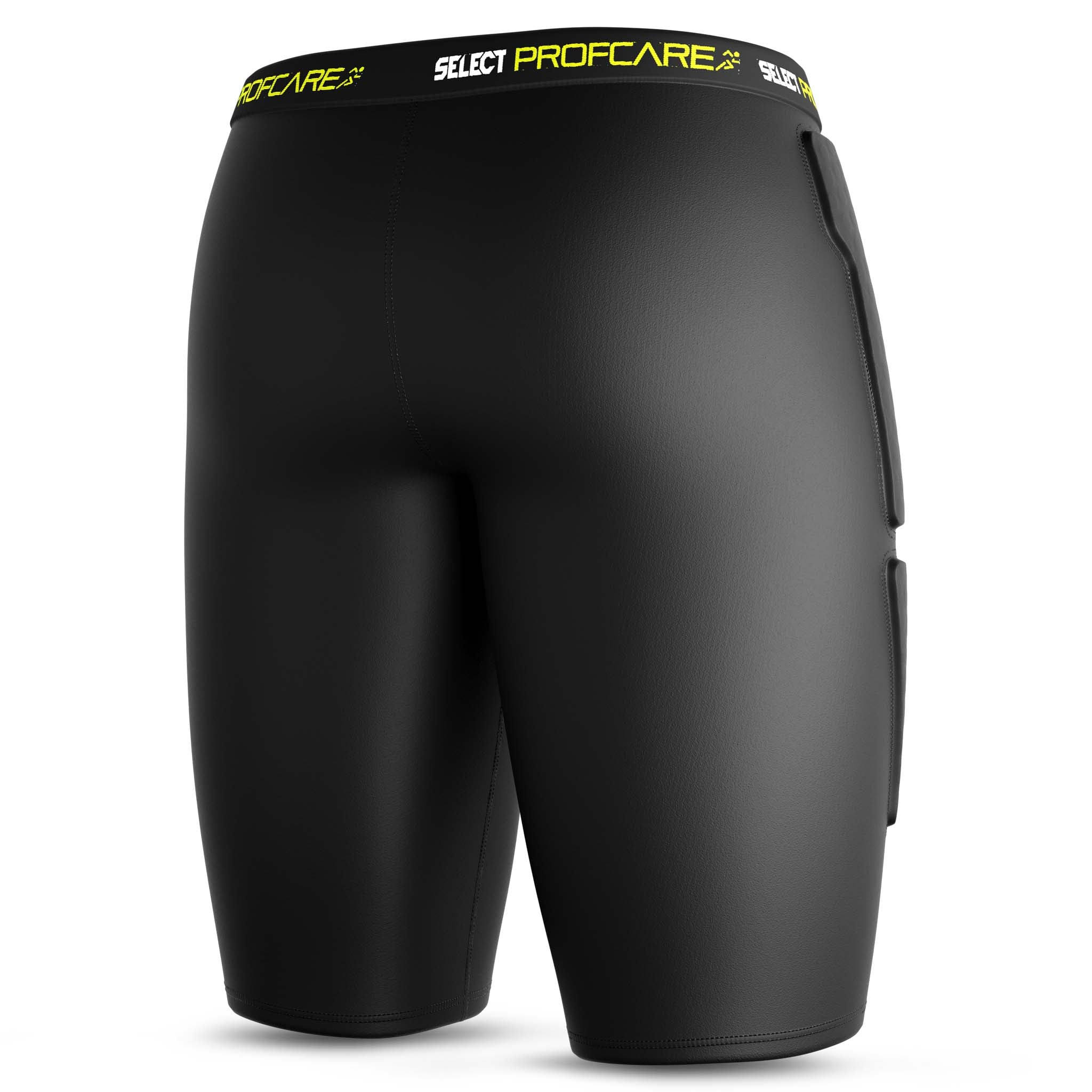 Black Compression shorts w/pads 6421, sports support, back page view with yellow logo waistband