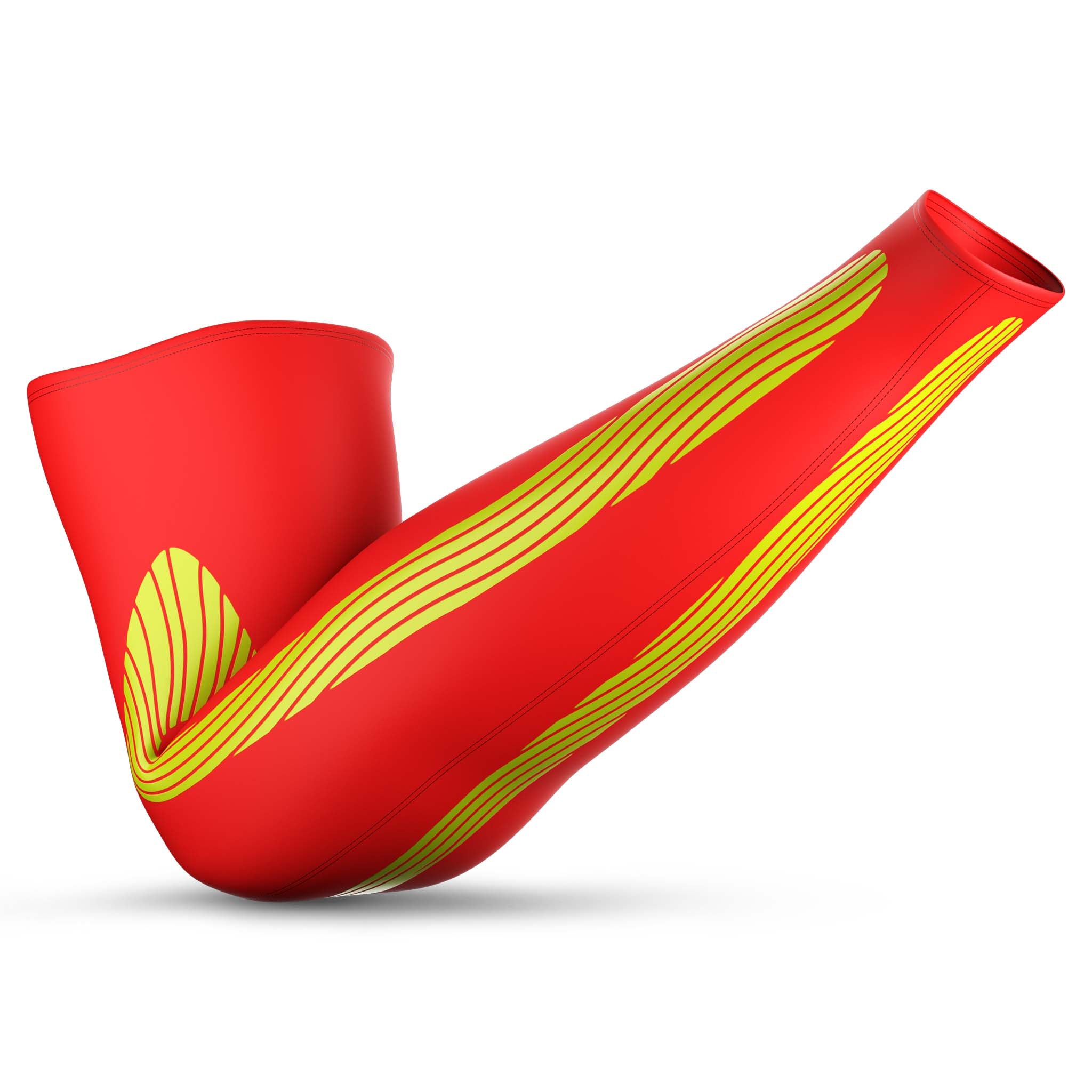 Red Compression arm sleeve 6610 with yellow kinesiological taping, back view. Sports support.
