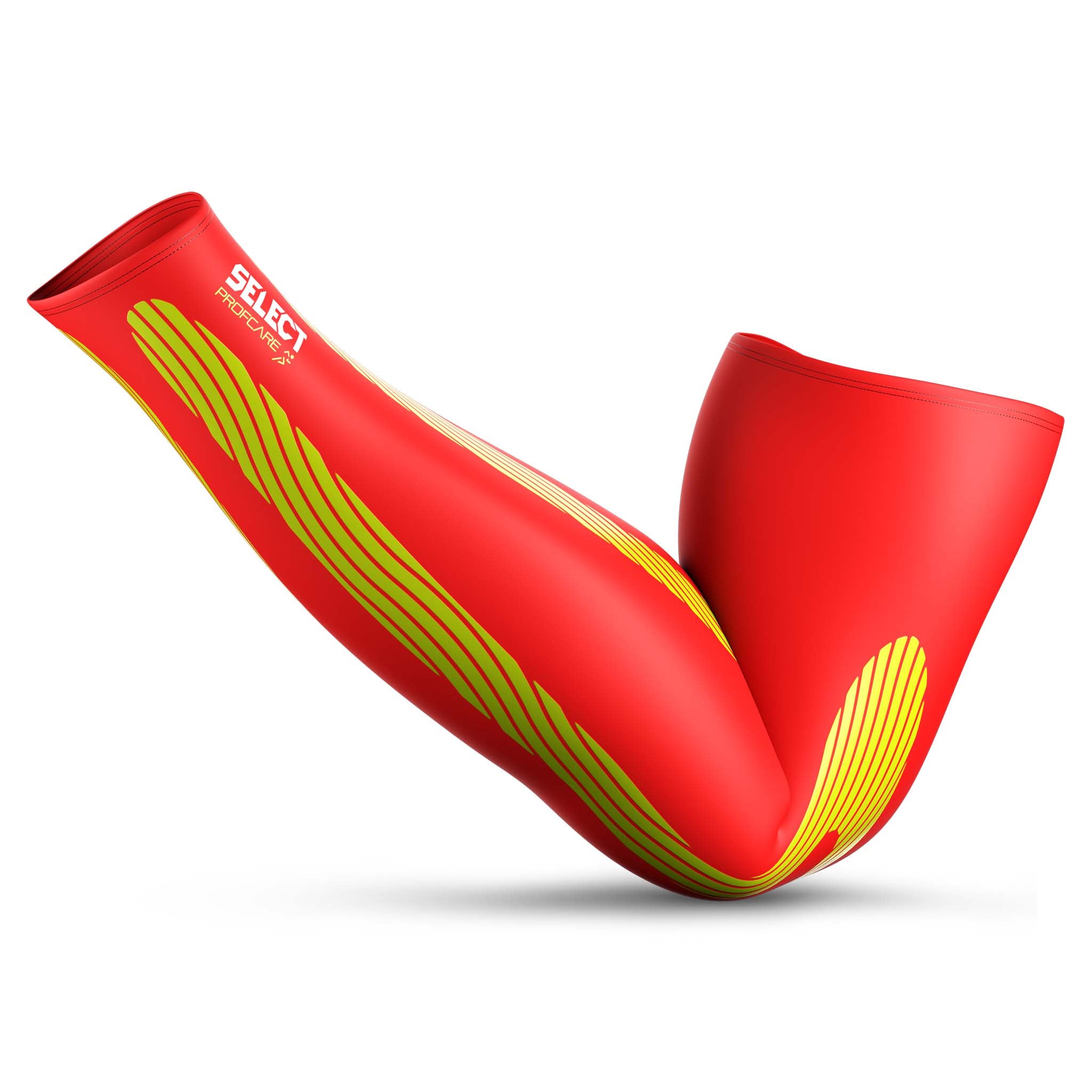 Front page of red Compression arm sleeves 6610 with yellow design lines, sports support.