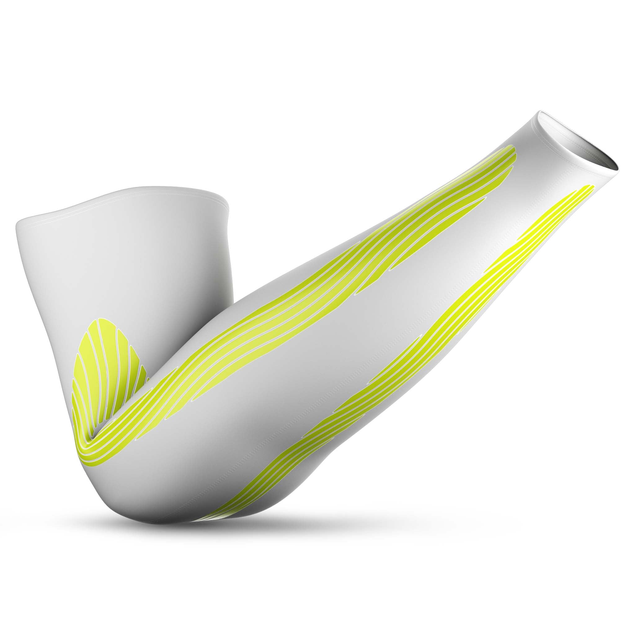 White Compression arm sleeve 6610, Sports support, with neon yellow kinesiological lines, back view closeup