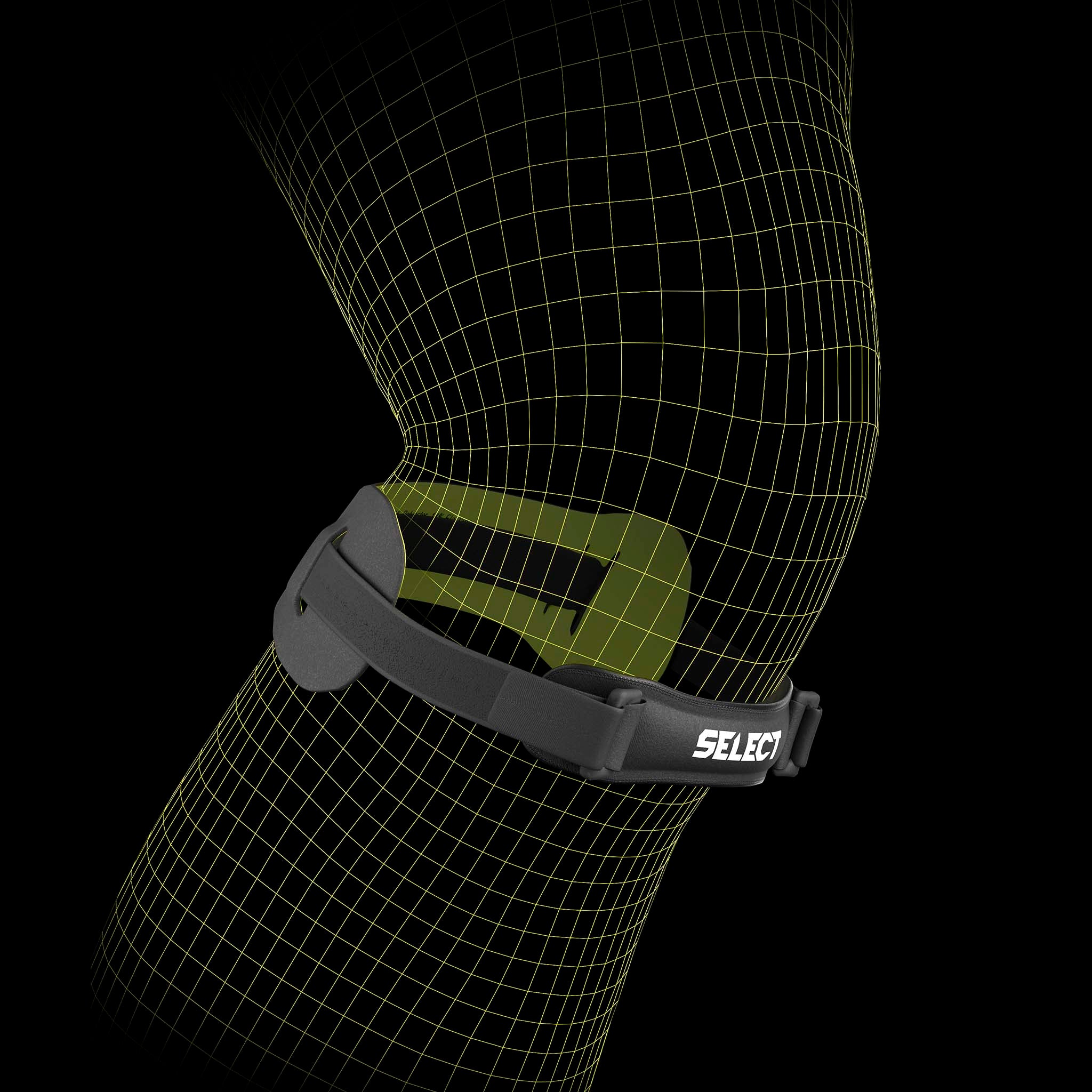 Black Knee strap sports support shown on a football player's knee