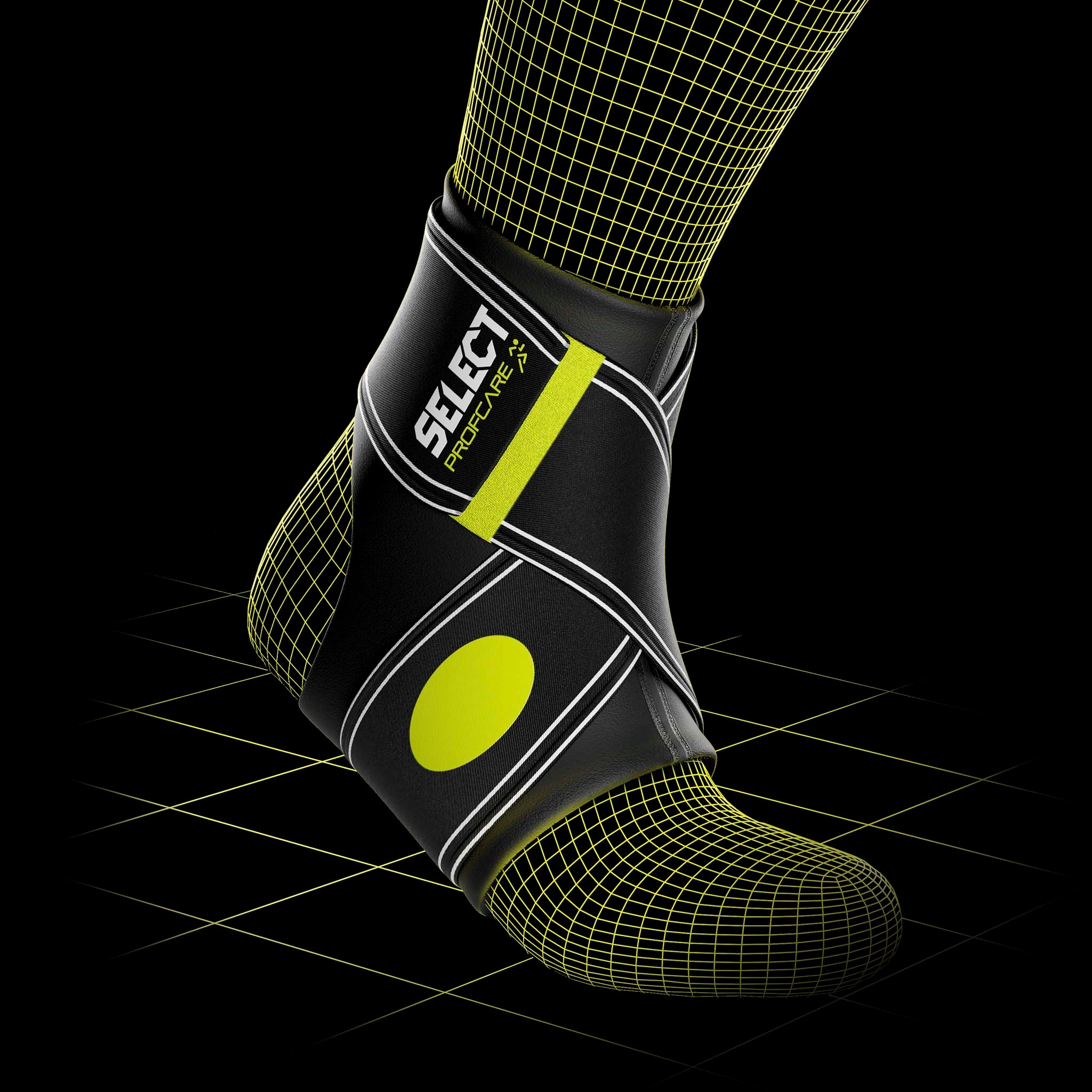 Ankle support 2-parts, sports support, shown on a football player's foot in black with green details.