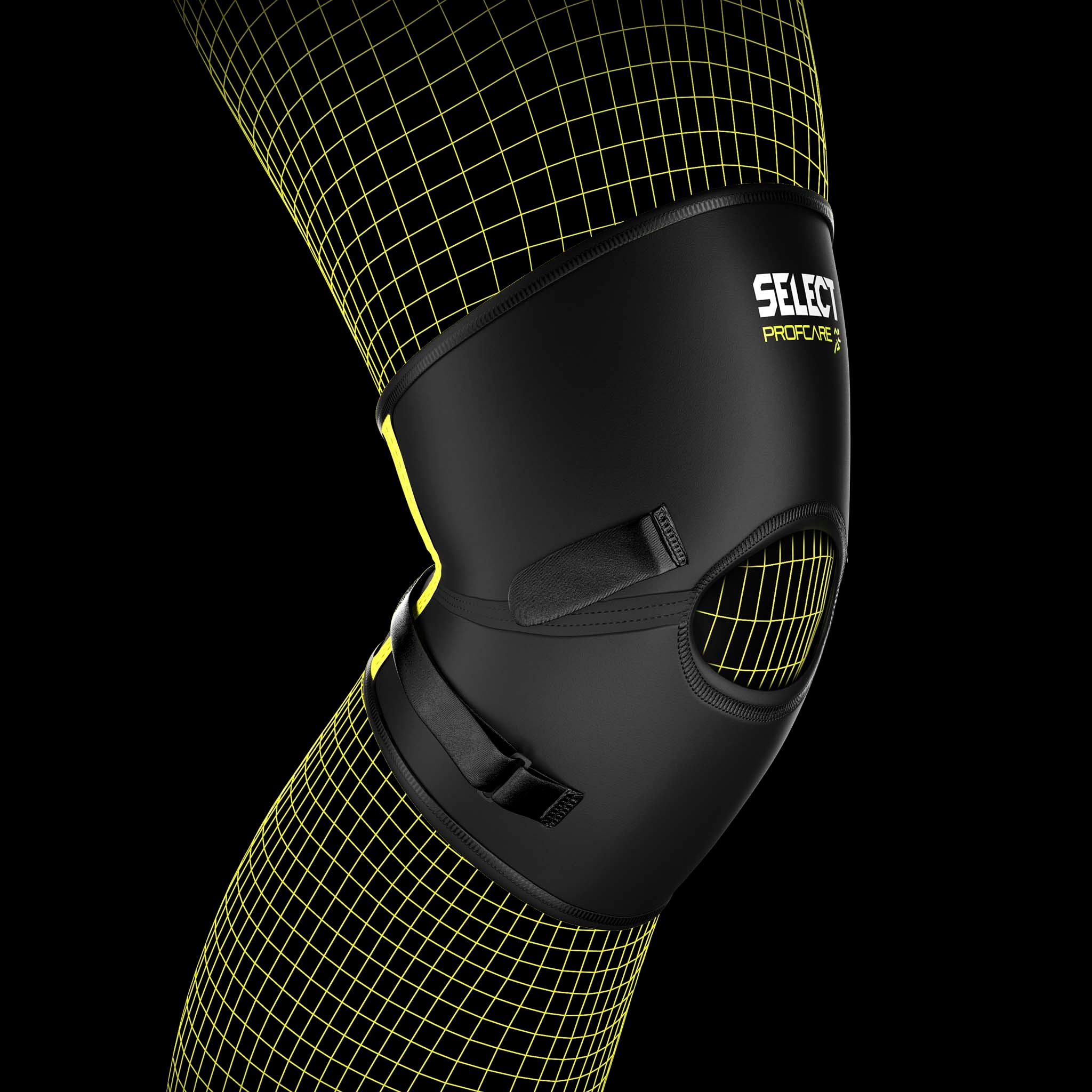 Black Knee support Stabilizer 6207 sports support with open kneecap on a football player's leg, front view