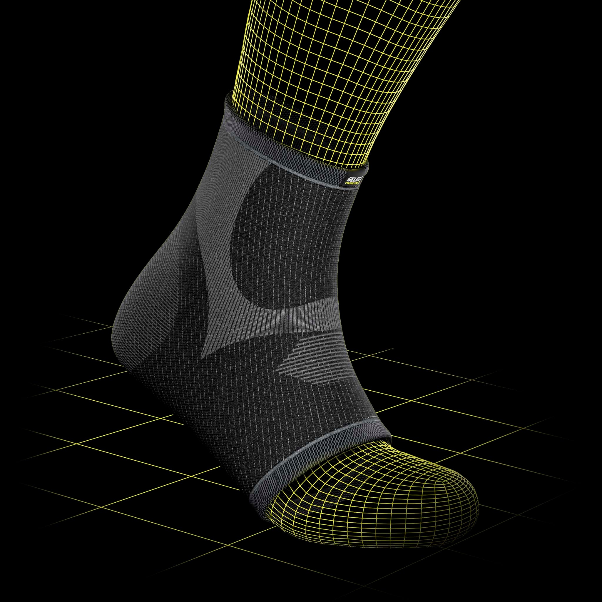 Black Ankle support sports support worn on foot, model close-up showing fit and design detail.