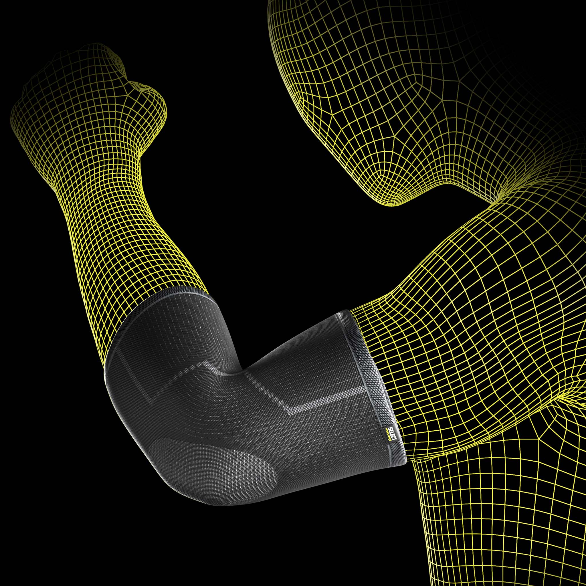 Black Elbow support sports support shown on a wireframe model arm, front page view.