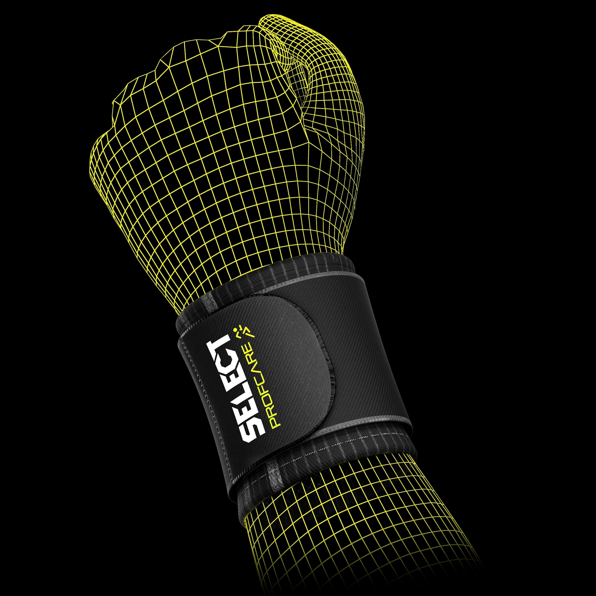 Black Wrist support, sports support, worn on hand, shown from front with green Select Pro-Care branding