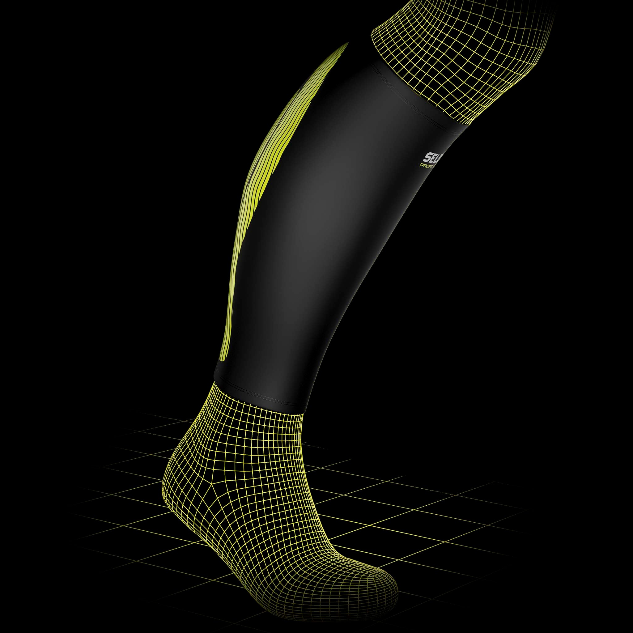 Compression Calf 6150 sports support in black with yellow grid pattern, front page model view.