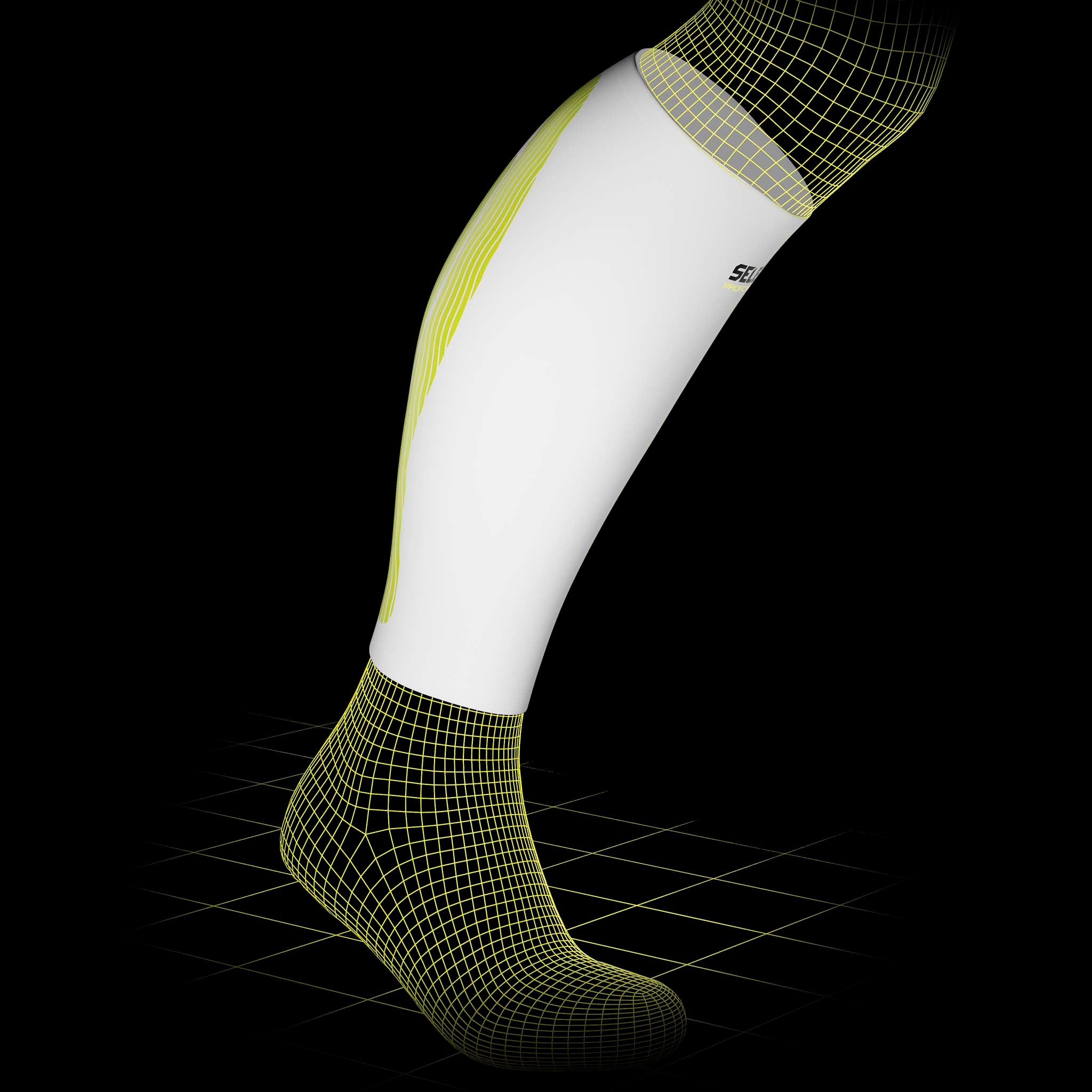 White Compression Calf 6150 sports support with yellow kinesiological pattern on a model leg, front view.