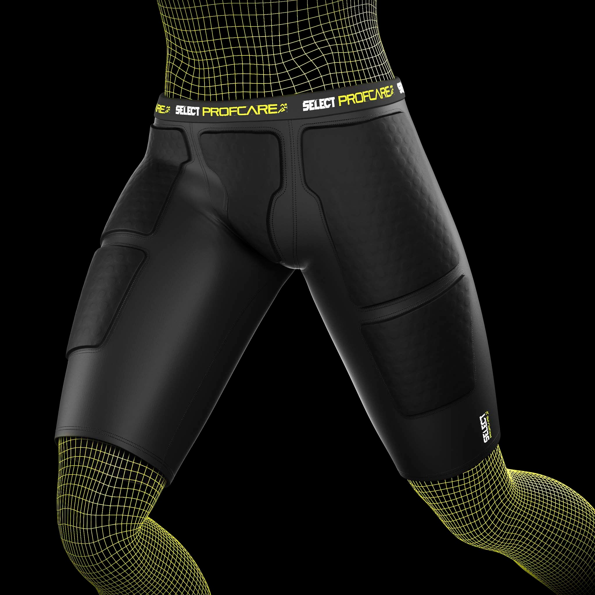 Black Compression shorts w/pads 6421, sports support, worn by male football player, front view