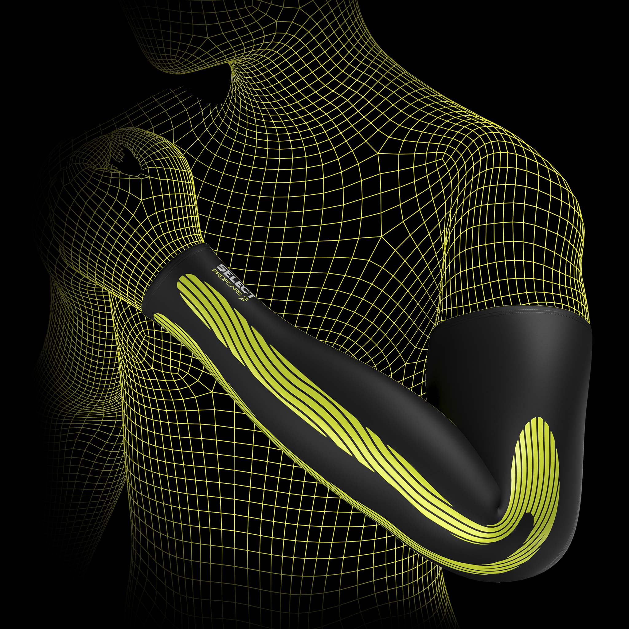 Black and yellow Compression arm sleeves 6610 sports support showing kinesiological effect on model's arm