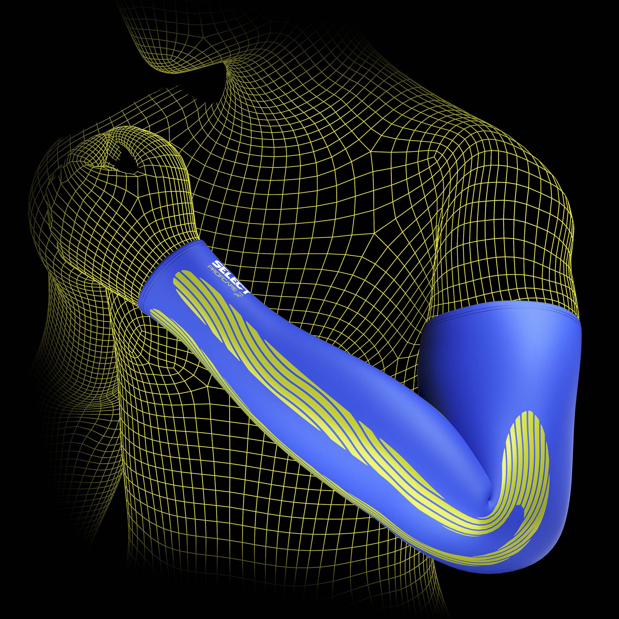 Blue Compression arm sleeves 6610, sports support, on a wireframe man showing kinesiological effect