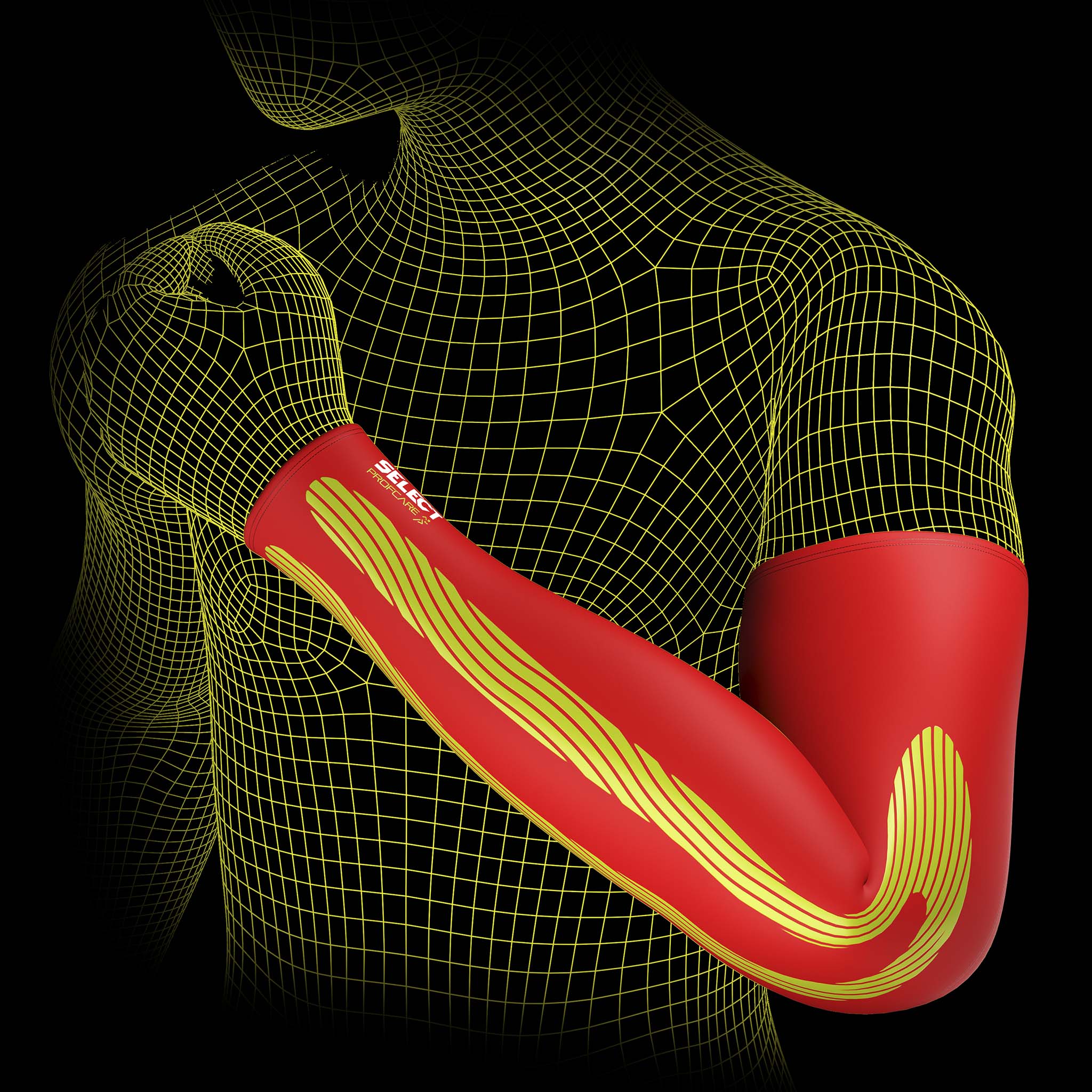 Red Compression arm sleeve 6610 with yellow kinesiological lines on a wireframe model, Sports support