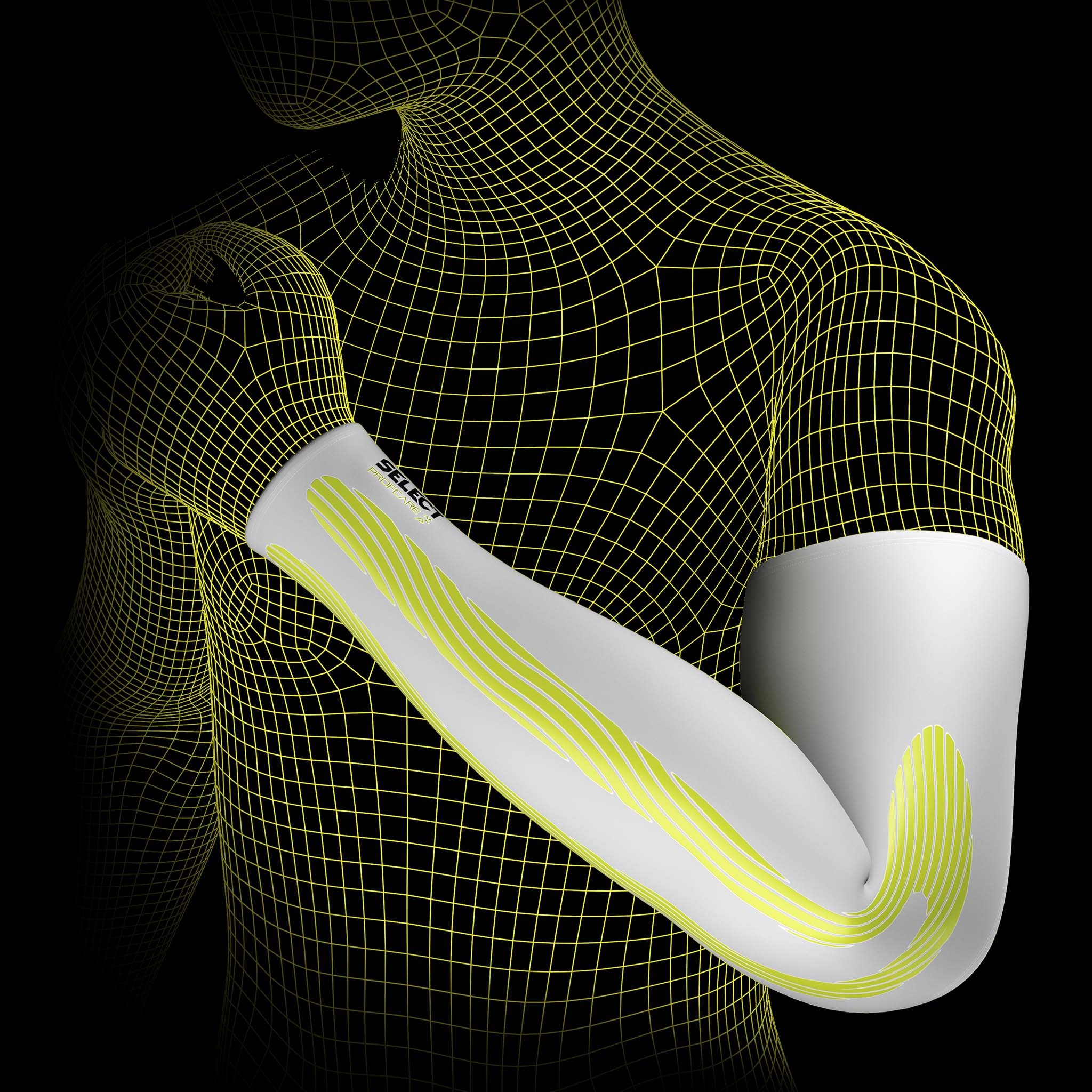 White Compression arm sleeves 6610, sports support, on a man, showing yellow kinesiological effect lines.