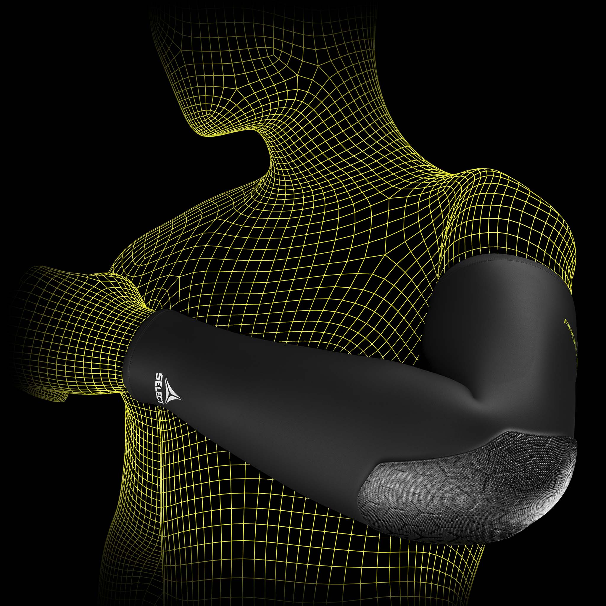 Black Compression elbow support long 6652, sports support, shown on a wireframe model arm.