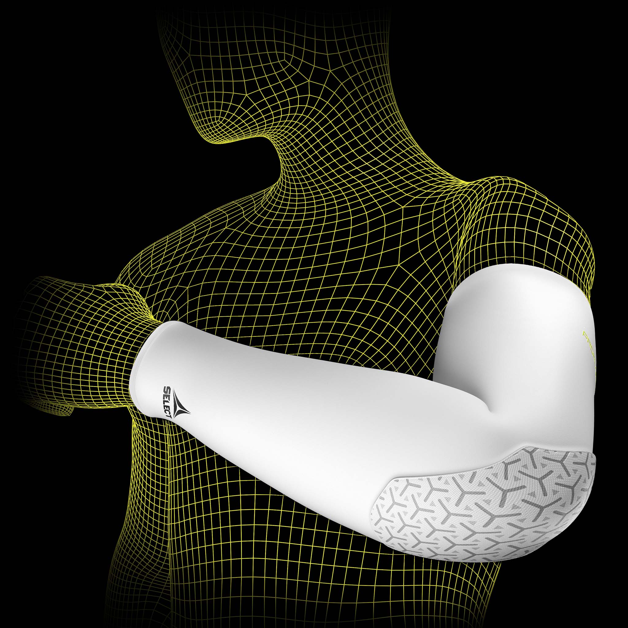 White Compression elbow support long 6652, sports support, shown on football player model arm