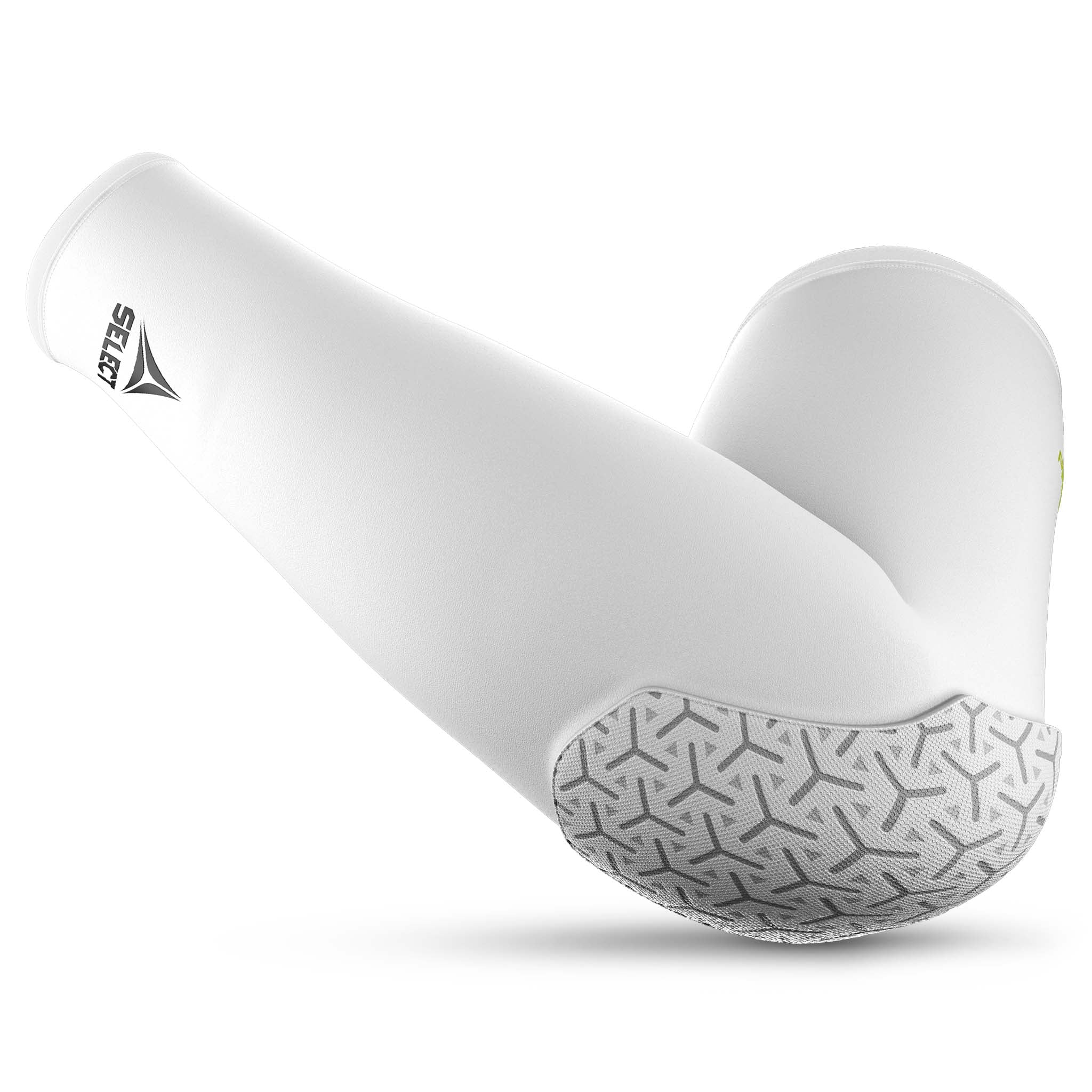 White Compression elbow support long 6652, sports support with grey gripped elbow padding, front page view